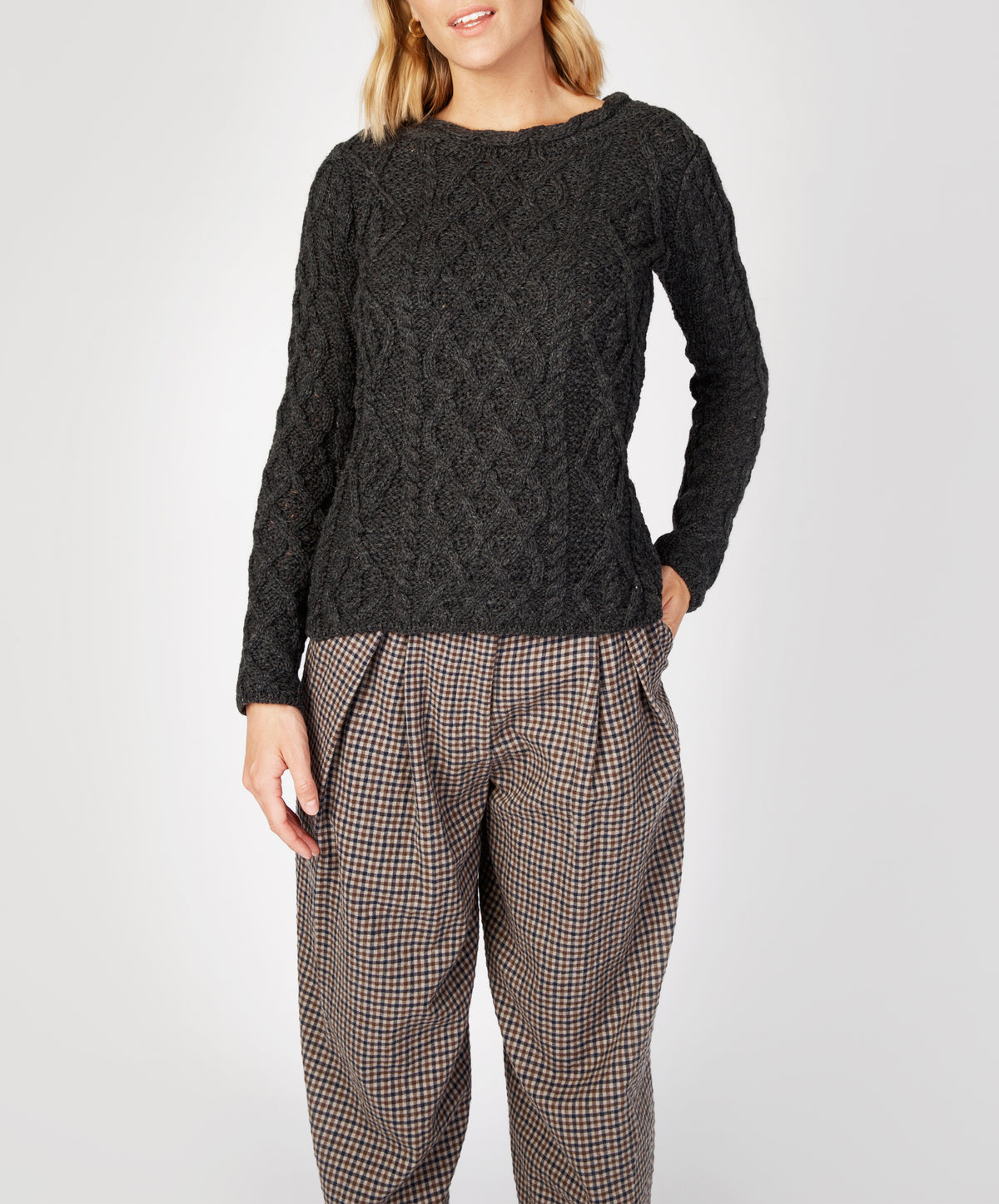 IrelandsEye Knitwear Lambay Lattice Cable Aran Sweater Graphite