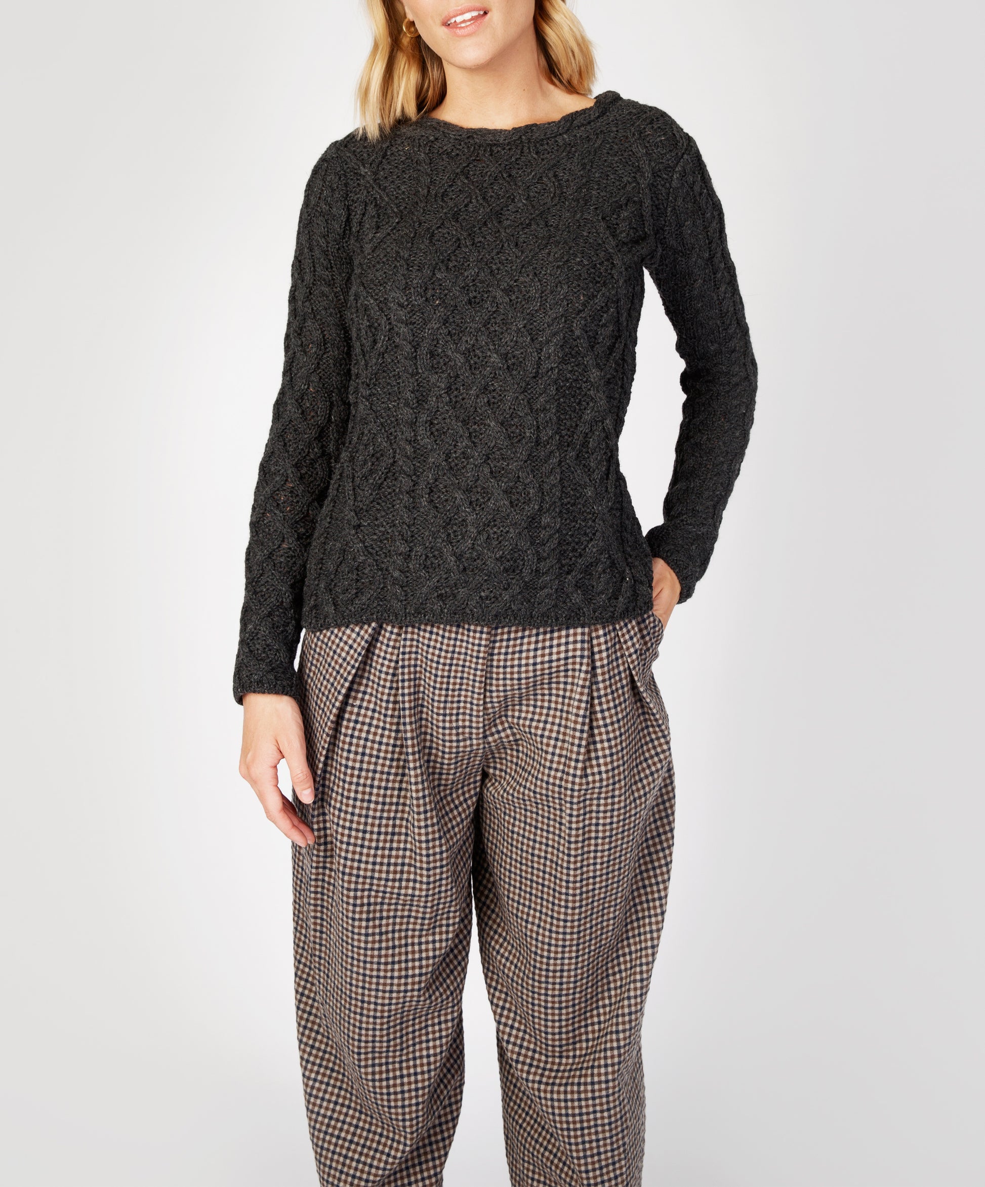 IrelandsEye Knitwear Lambay Lattice Cable Aran Sweater Graphite
