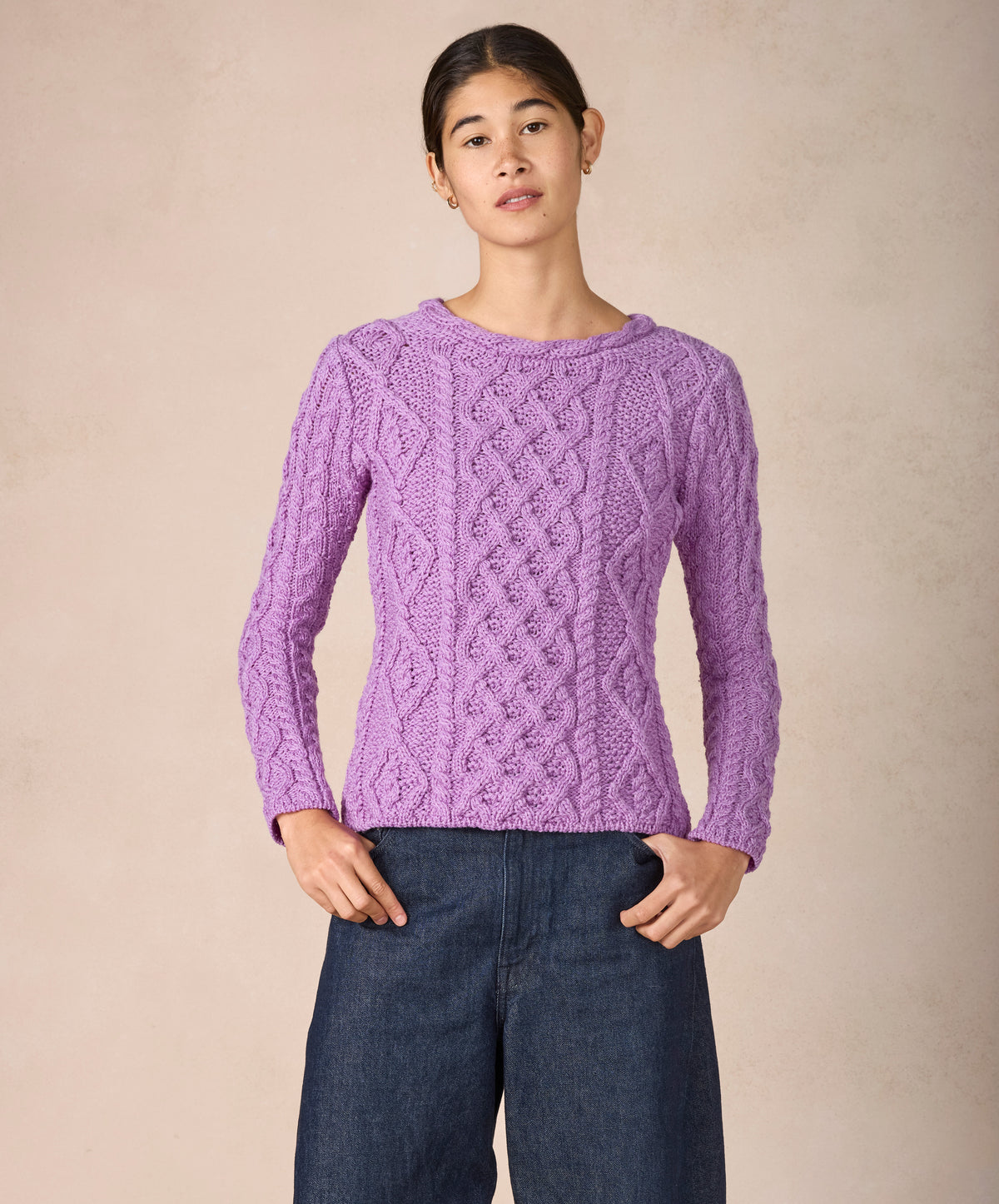 IrelandsEye Knitwear Lambay Lattice Cable Aran Sweater Lilac Marl