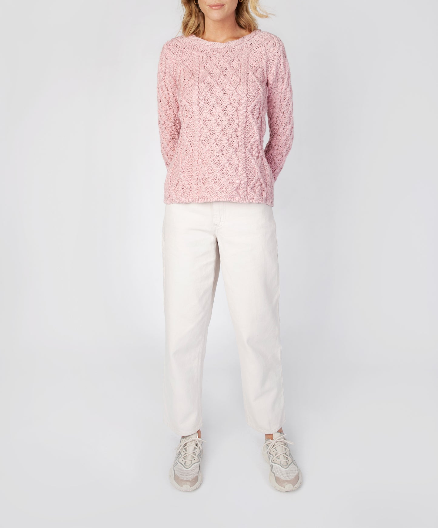 IrelandsEye Knitwear Lambay Lattice Cable Aran Sweater Pink Pale