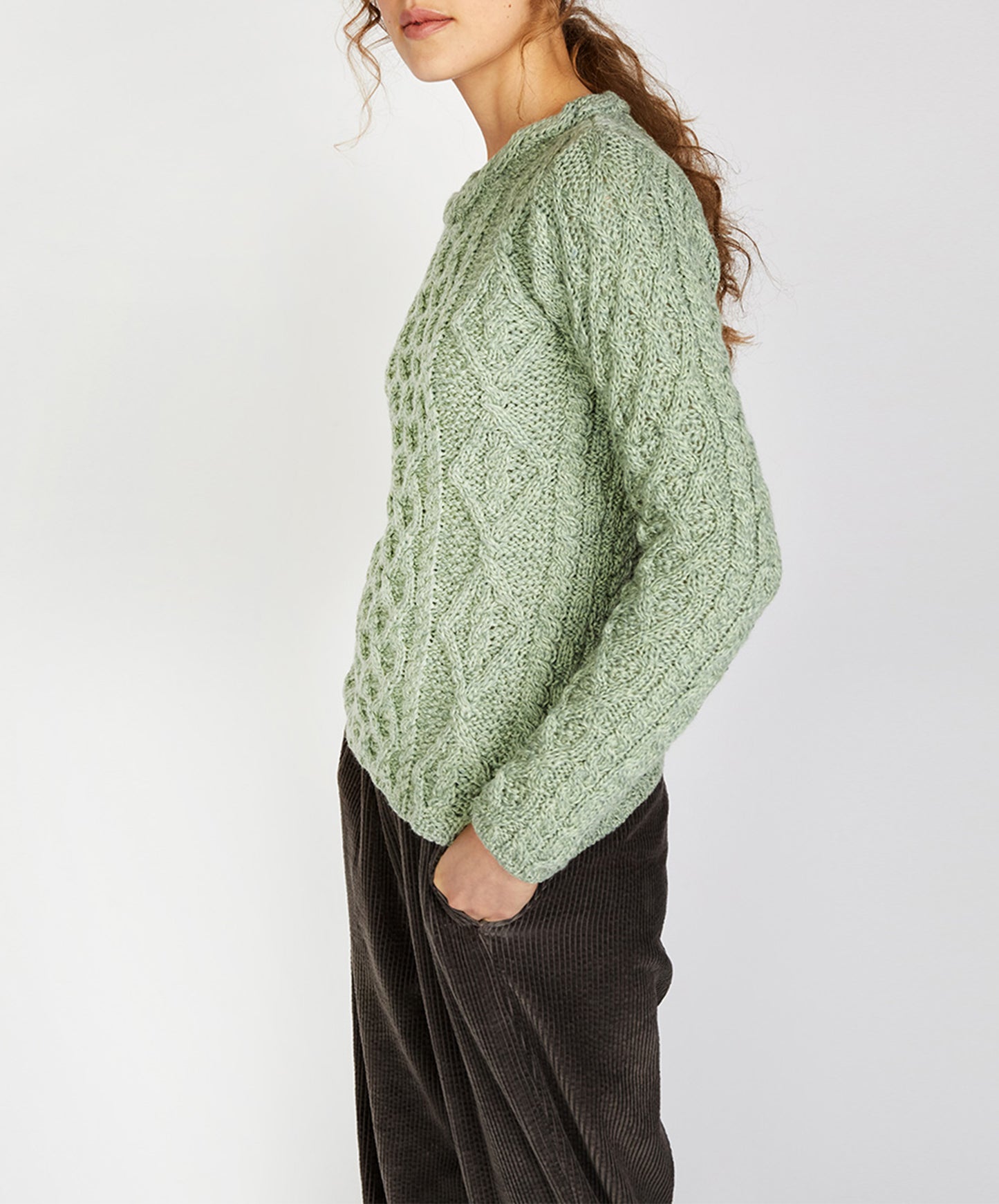 IrelandsEye Knitwear Lambay Lattice Cable Aran Sweater Sage Marl