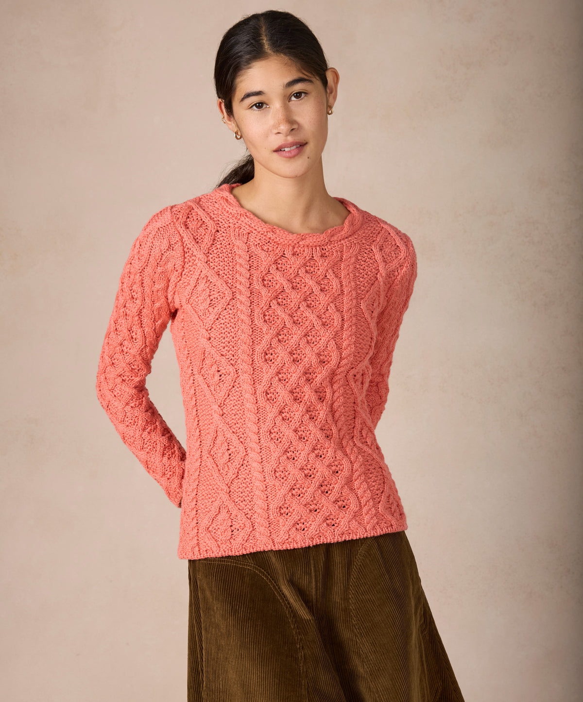 IrelandsEye Knitwear Lambay Lattice Cable Aran Sweater Salmon