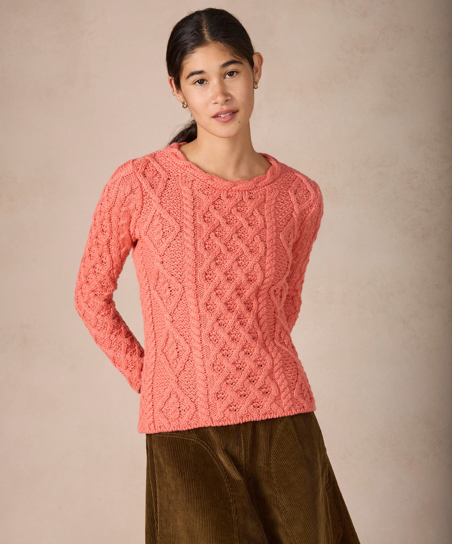 IrelandsEye Knitwear Lambay Lattice Cable Aran Sweater Salmon