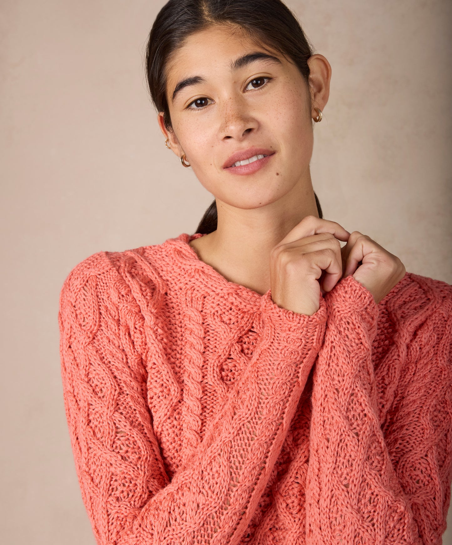 IrelandsEye Knitwear Lambay Lattice Cable Aran Sweater Salmon