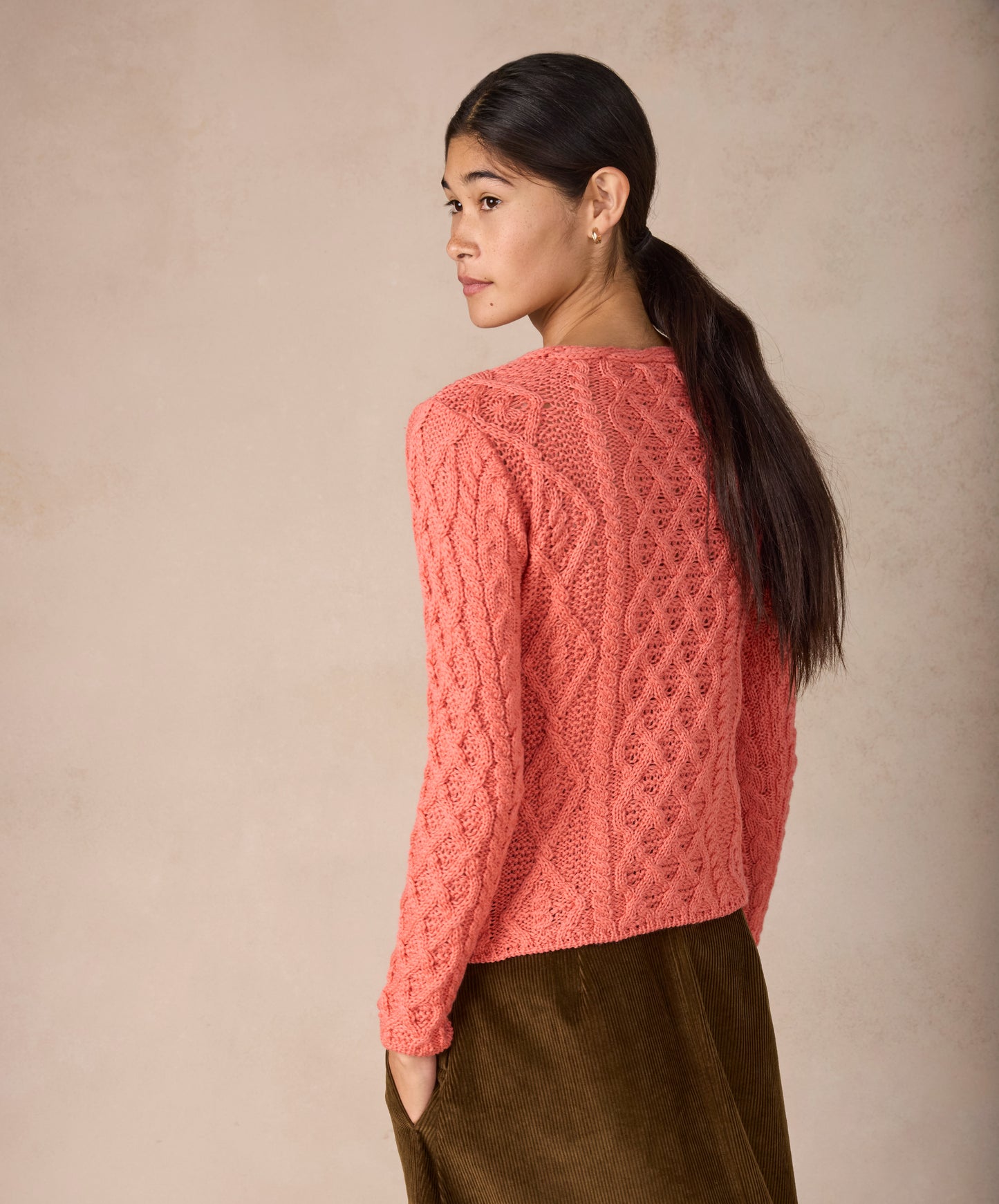 IrelandsEye Knitwear Lambay Lattice Cable Aran Sweater Salmon