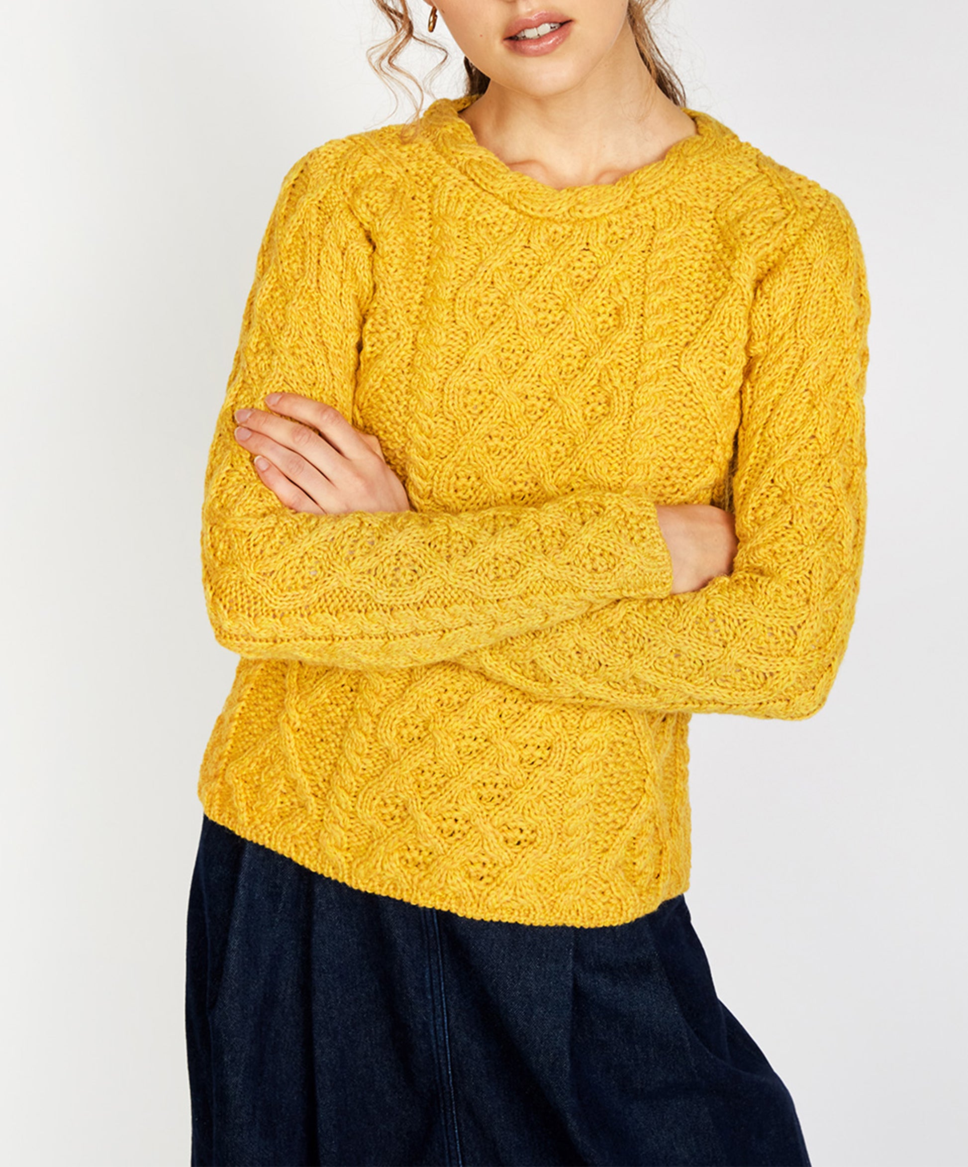 IrelandsEye Knitwear Lambay Lattice Cable Aran Sweater Sunflower