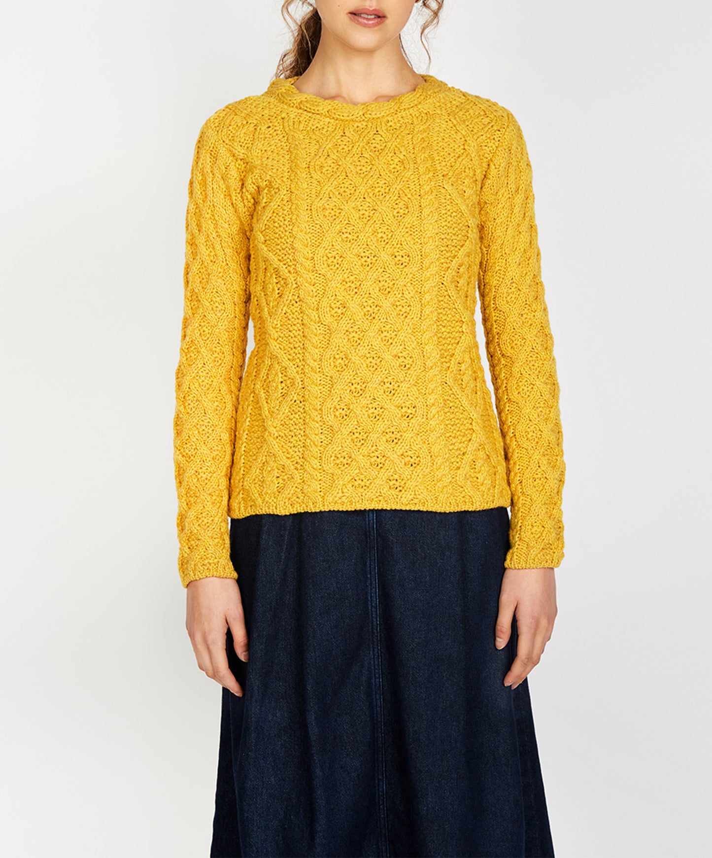IrelandsEye Knitwear Lambay Lattice Cable Aran Sweater Sunflower