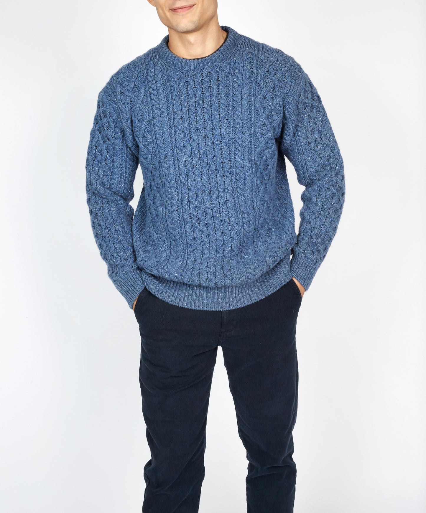 IrelandsEye Knitwear Carraig Luxe Aran Sweater Blue Ocean