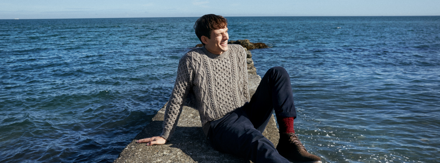 IrelandsEye Knitwear 'Carraig' Luxe Aran Sweater in Rocky Ground Wool Cashmere