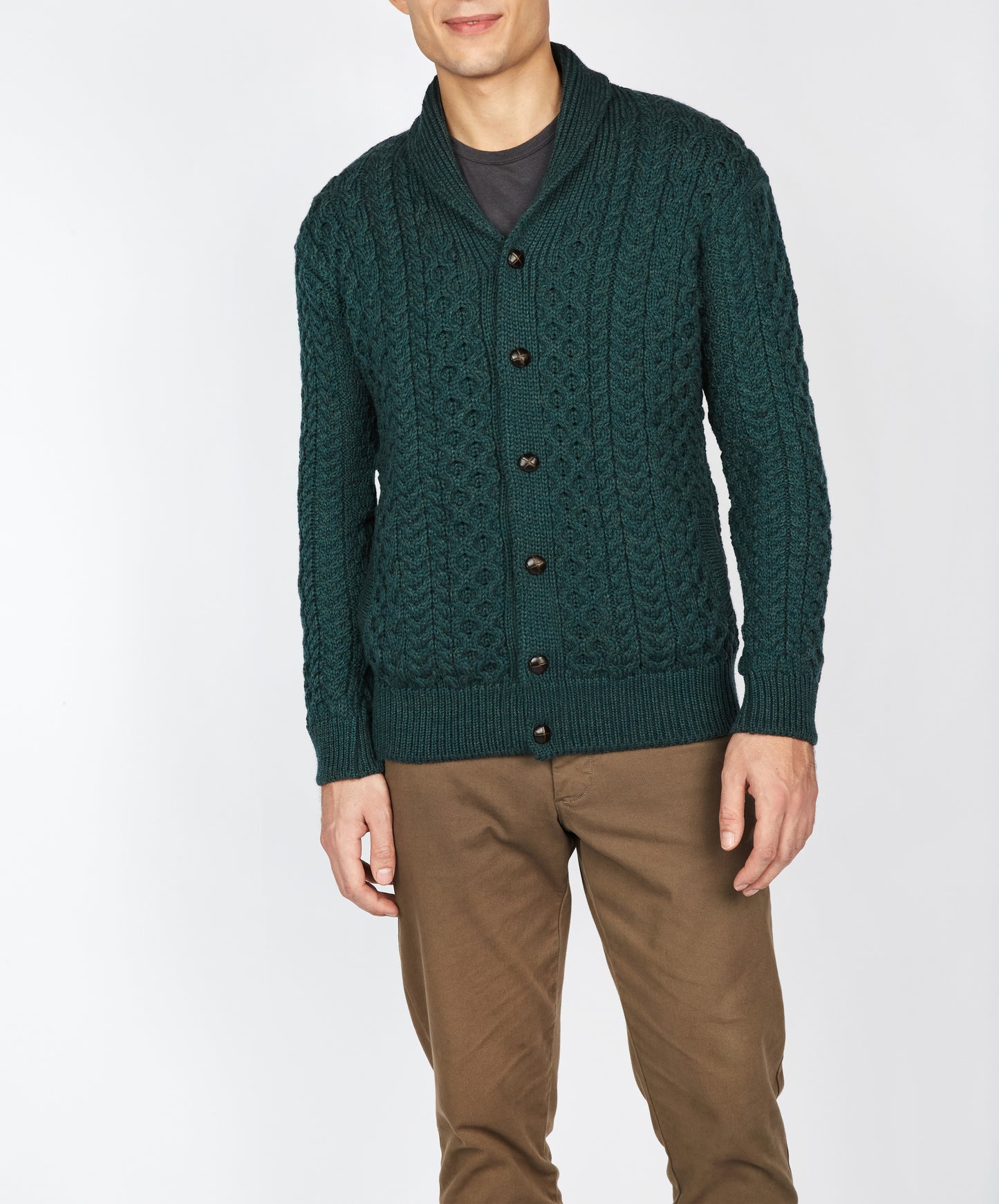 IrelandsEye Knitwear 'Woodford' Aran Cardigan in Evergreen Merino