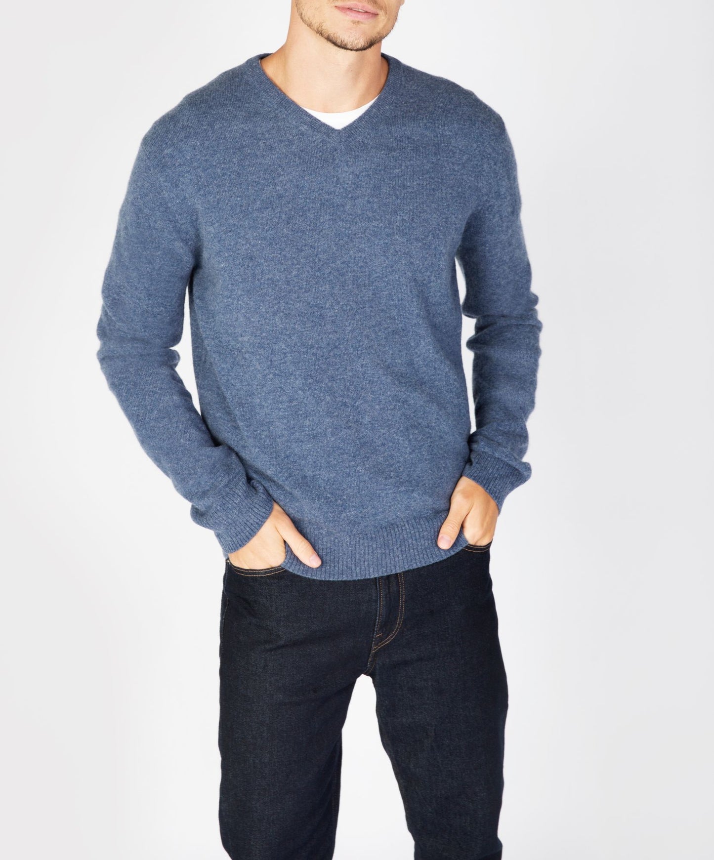 Easy Care V Neck Wool Sweater Blue Stone