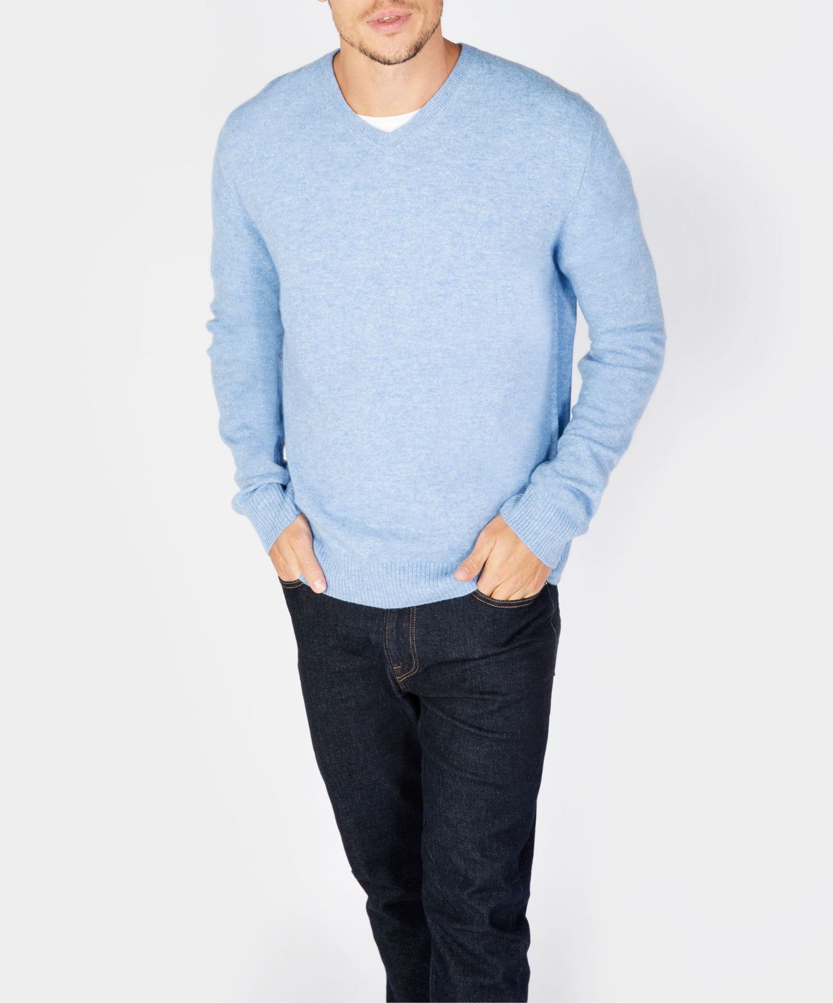 Easy Care V Neck Wool Sweater Skyline Blue