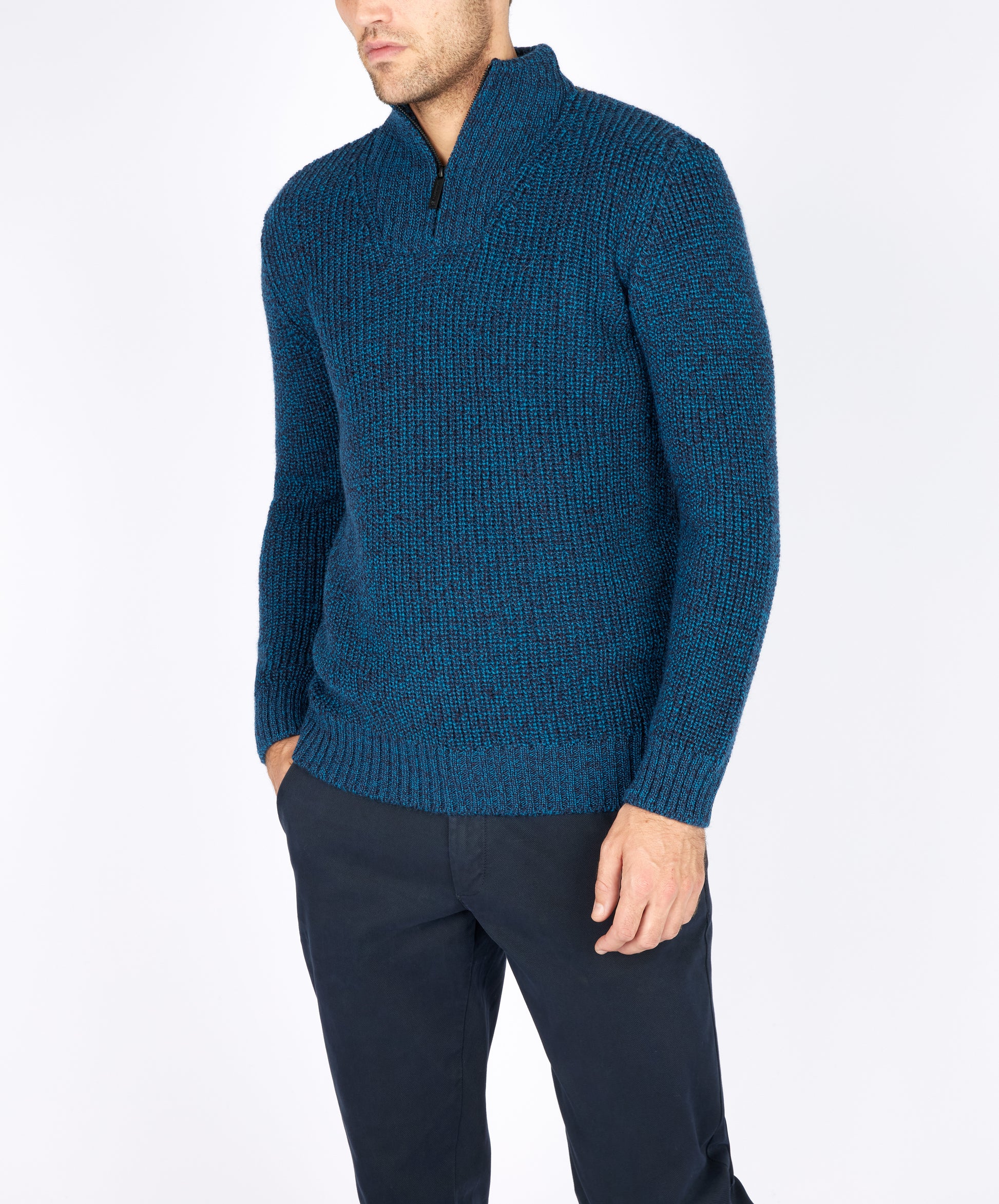 IrelandsEye Knitwear Reefer Ribbed Zip Neck Sweater Petrol Marl