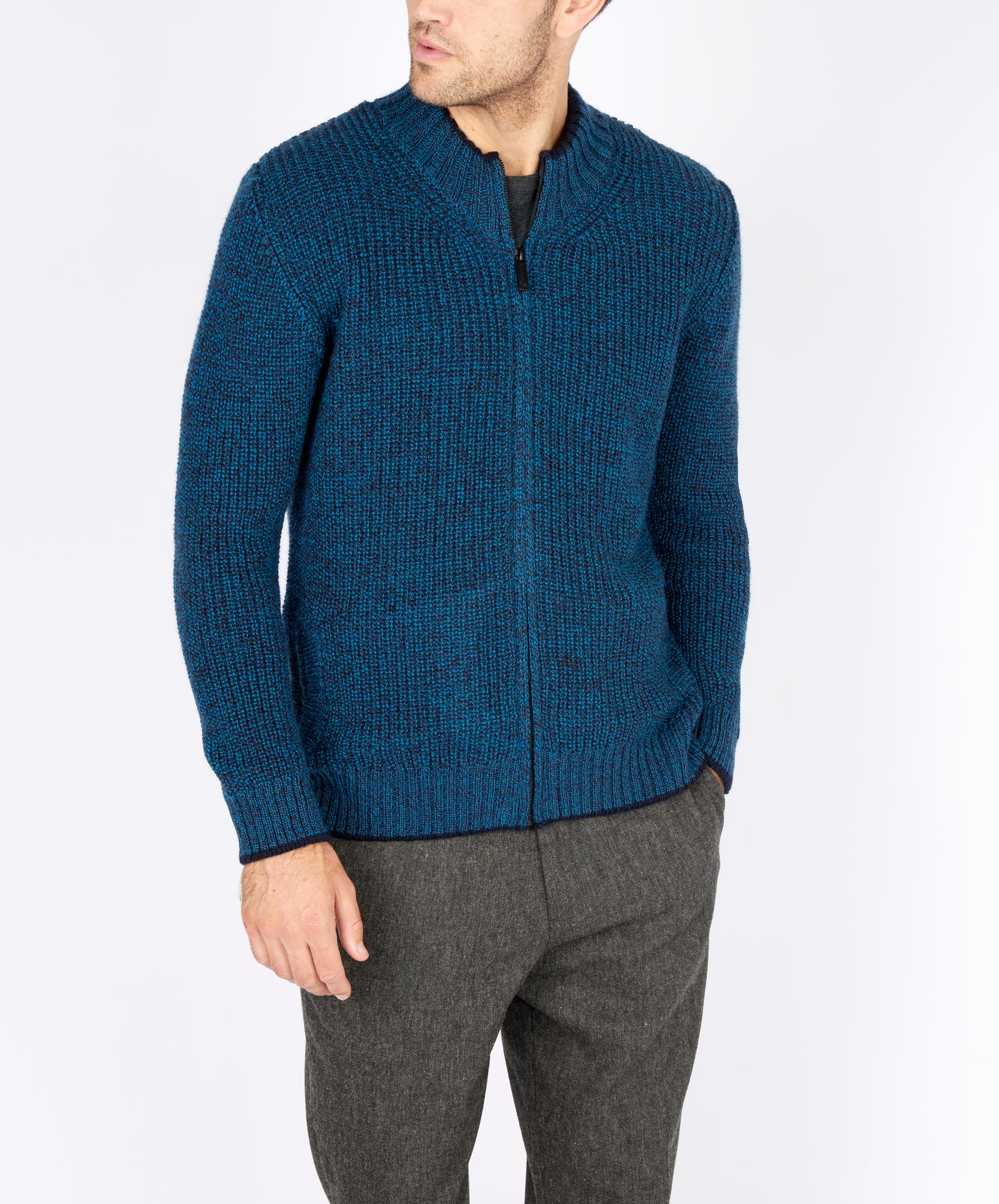 IrelandsEye Knitwear Rockbrook Zipped Ribbed Cardigan Petrol Marl