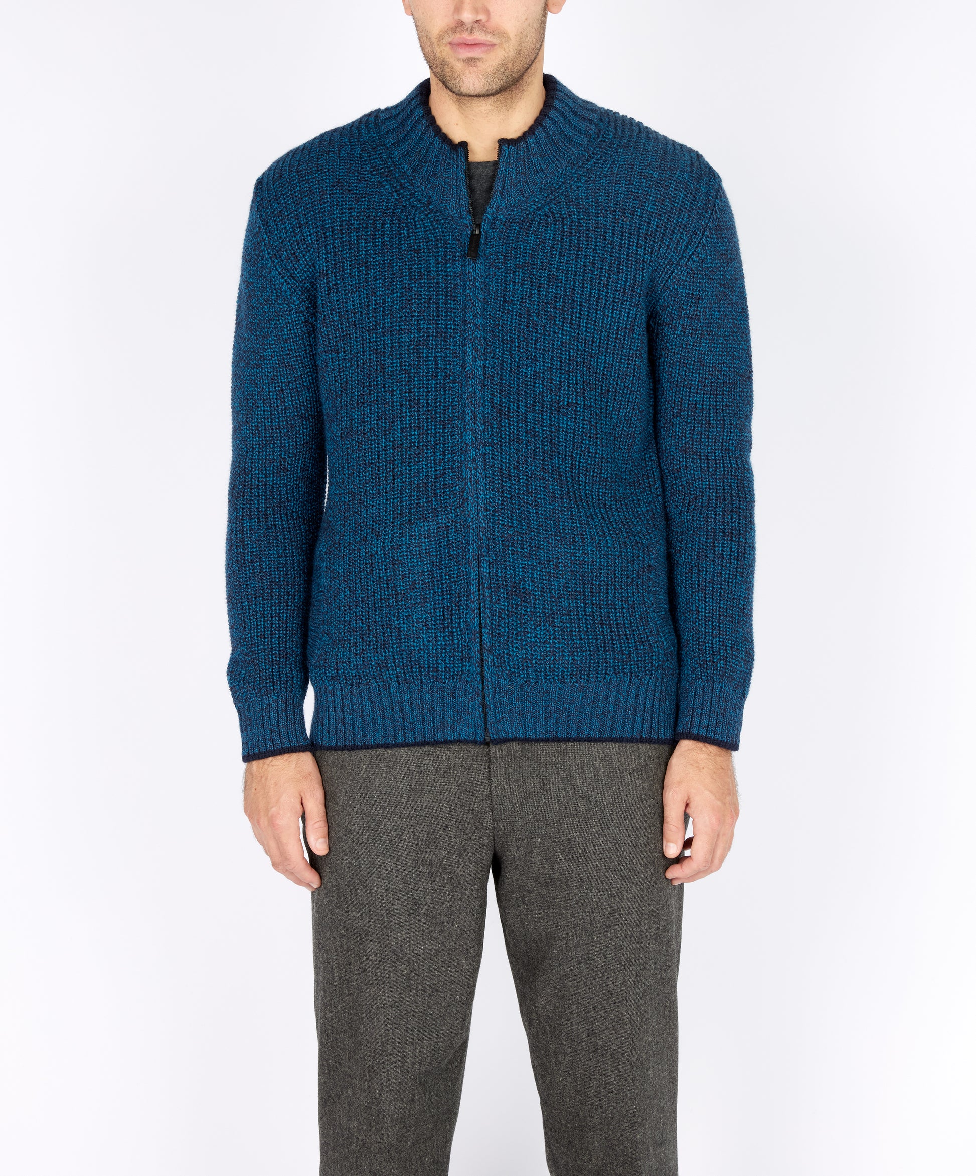 IrelandsEye Knitwear Rockbrook Zipped Ribbed Cardigan Petrol Marl