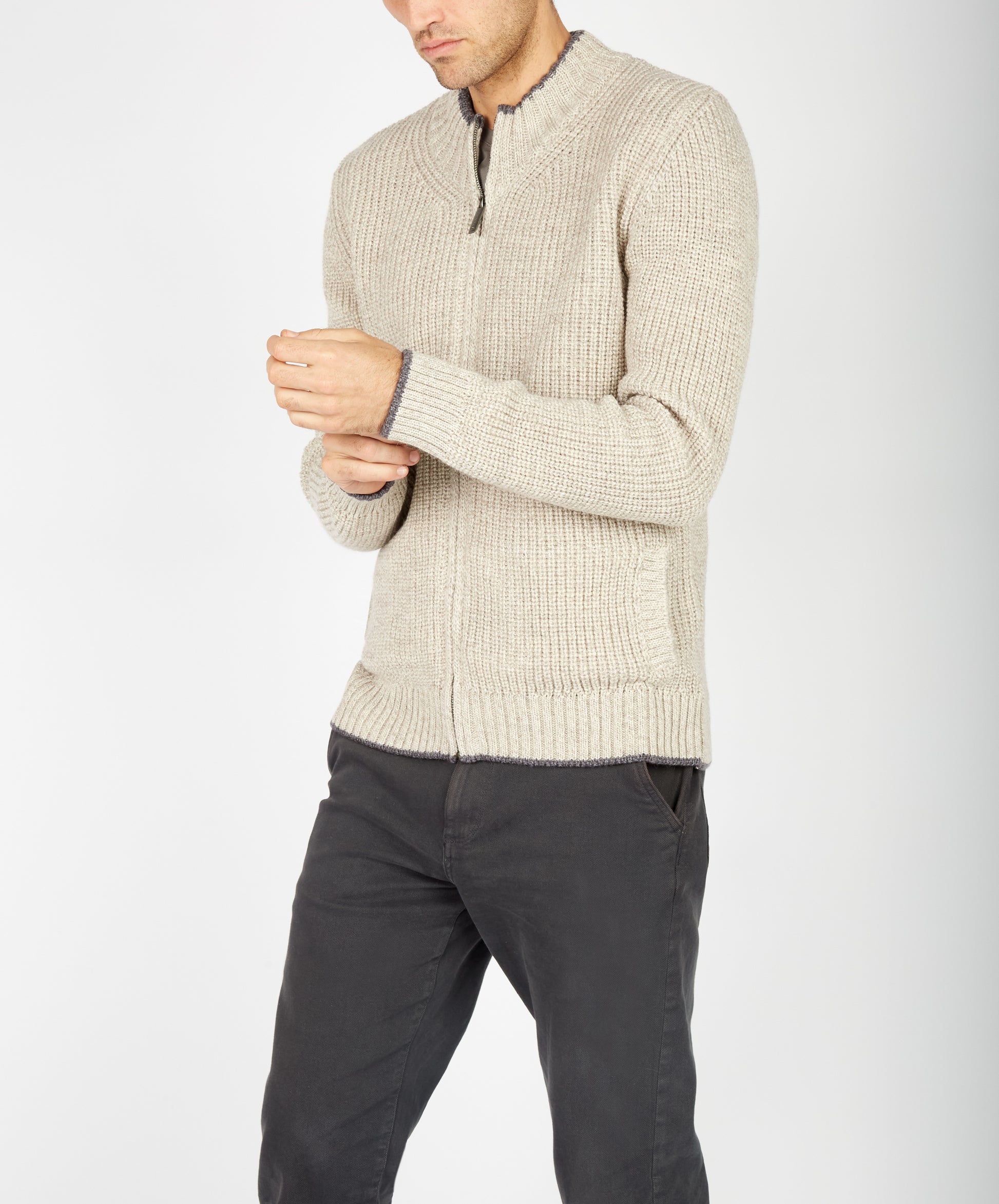 IrelandsEye Knitwear Rockbrook Zipped Ribbed Cardigan Stone Marl