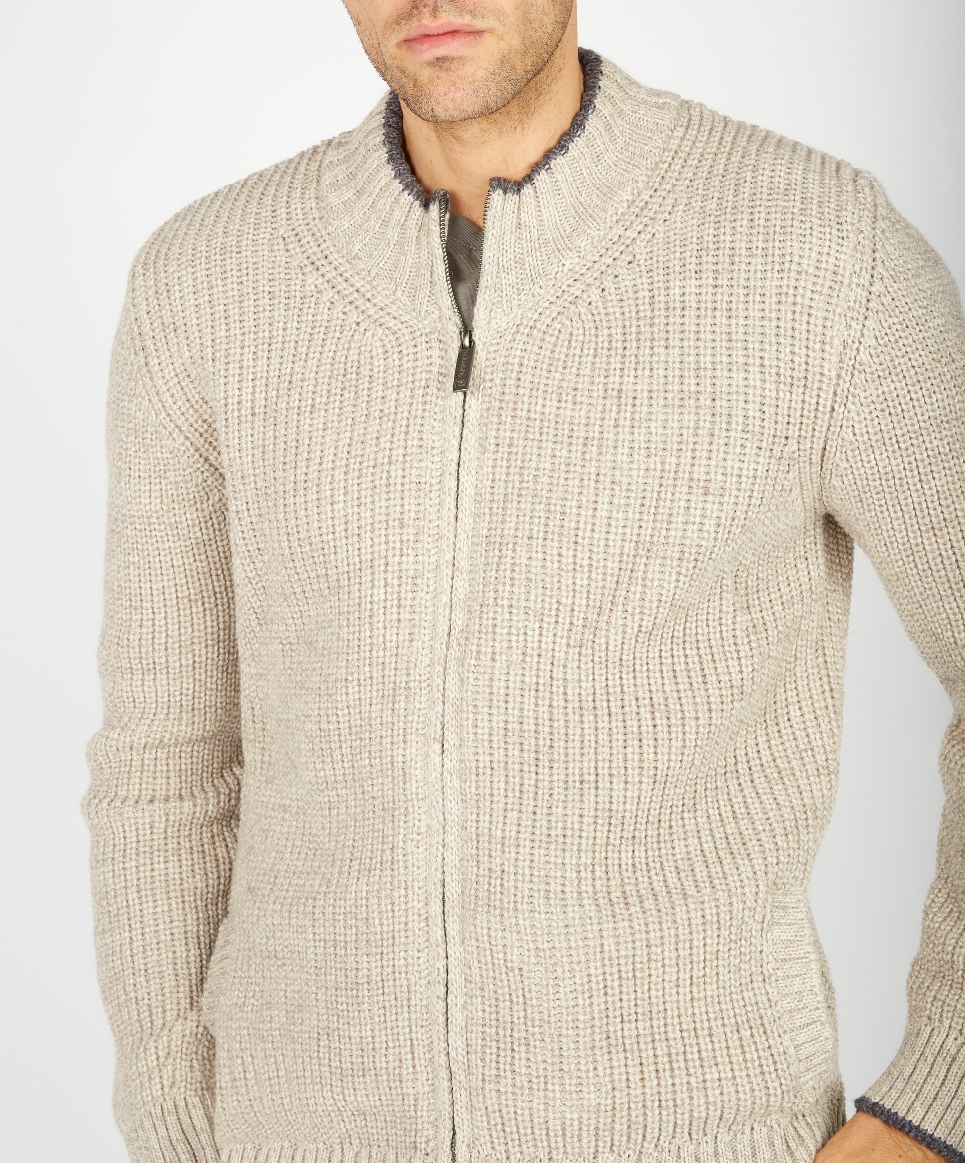 IrelandsEye Knitwear Rockbrook Zipped Ribbed Cardigan Stone Marl