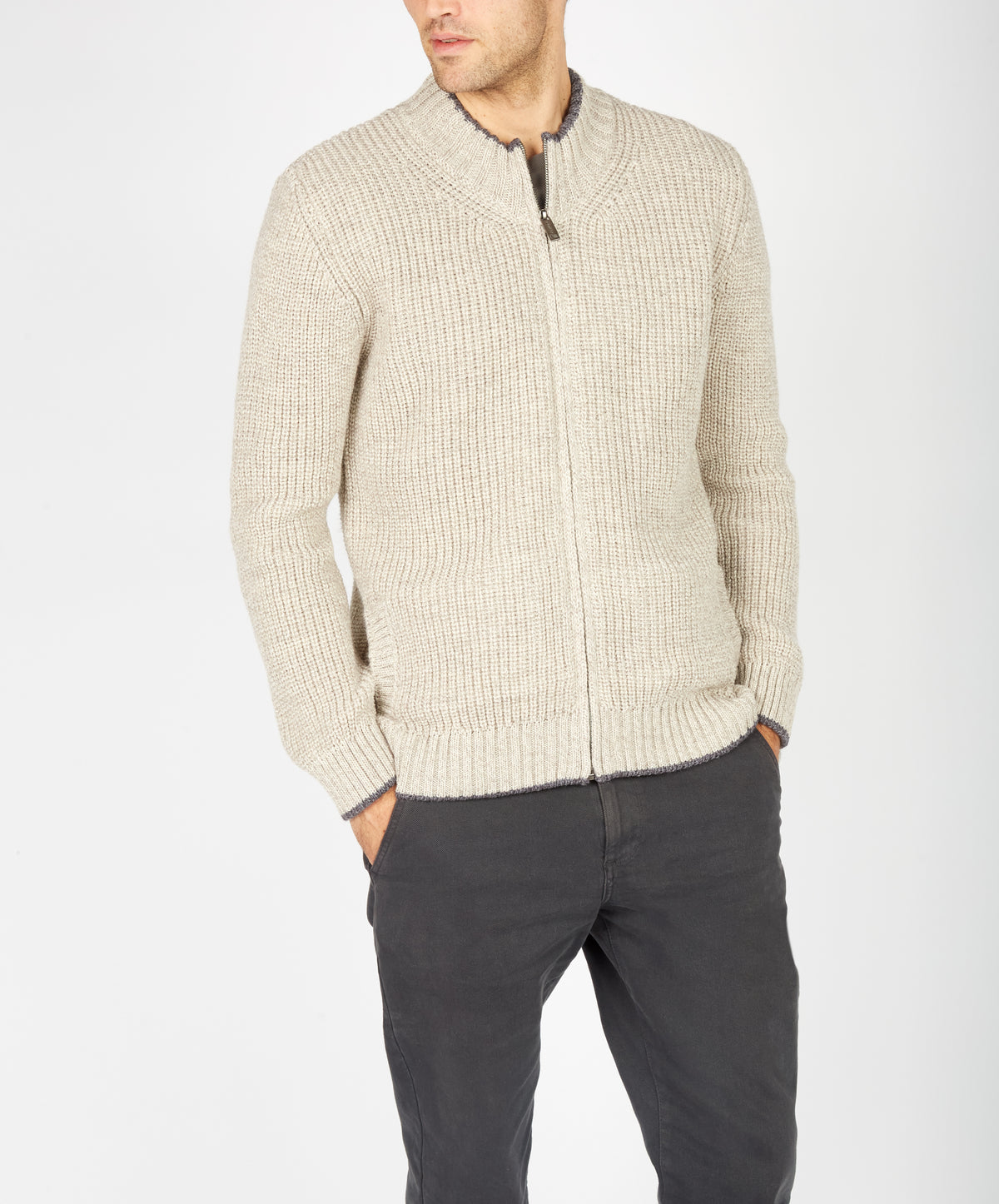 IrelandsEye Knitwear Rockbrook Zipped Ribbed Cardigan Stone Marl