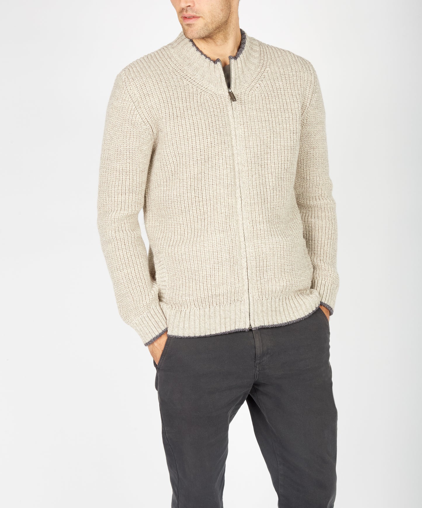 IrelandsEye Knitwear Rockbrook Zipped Ribbed Cardigan Stone Marl