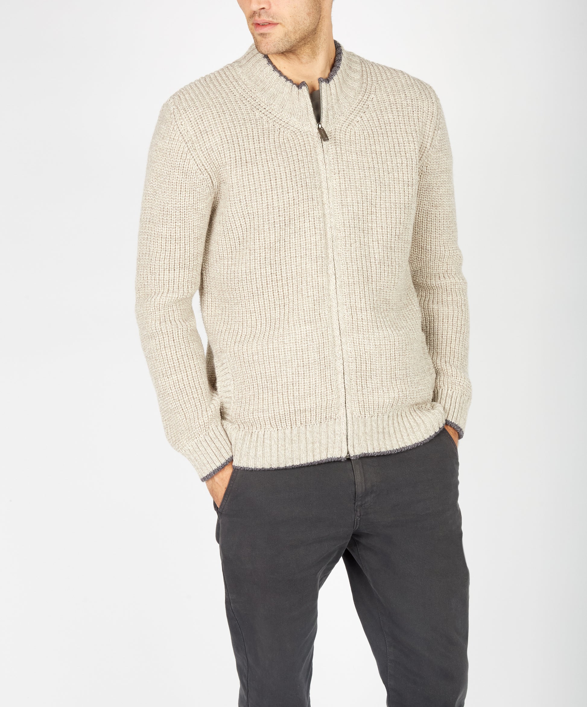 IrelandsEye Knitwear Rockbrook Zipped Ribbed Cardigan Stone Marl