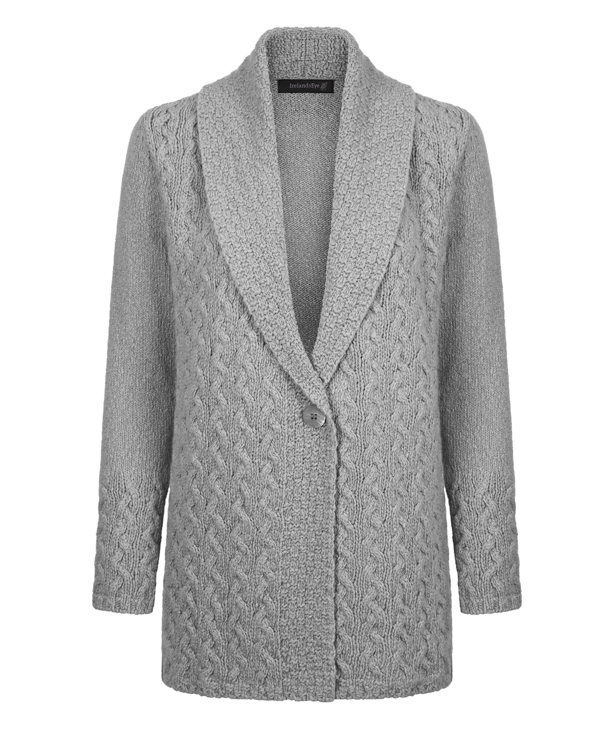 IrelandsEye Knitwear Adare Cable One Button Cardigan Light Grey