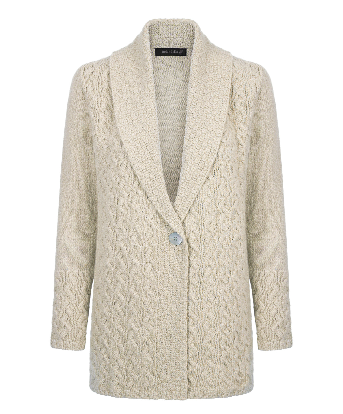 IrelandsEye Knitwear Adare Cable One Button Cardigan Chalkstone