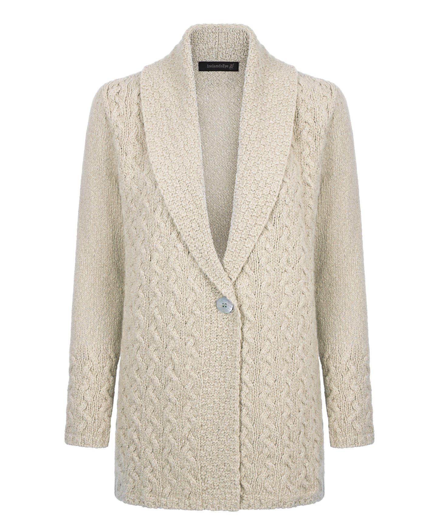 IrelandsEye Knitwear Adare Cable One Button Cardigan Chalkstone