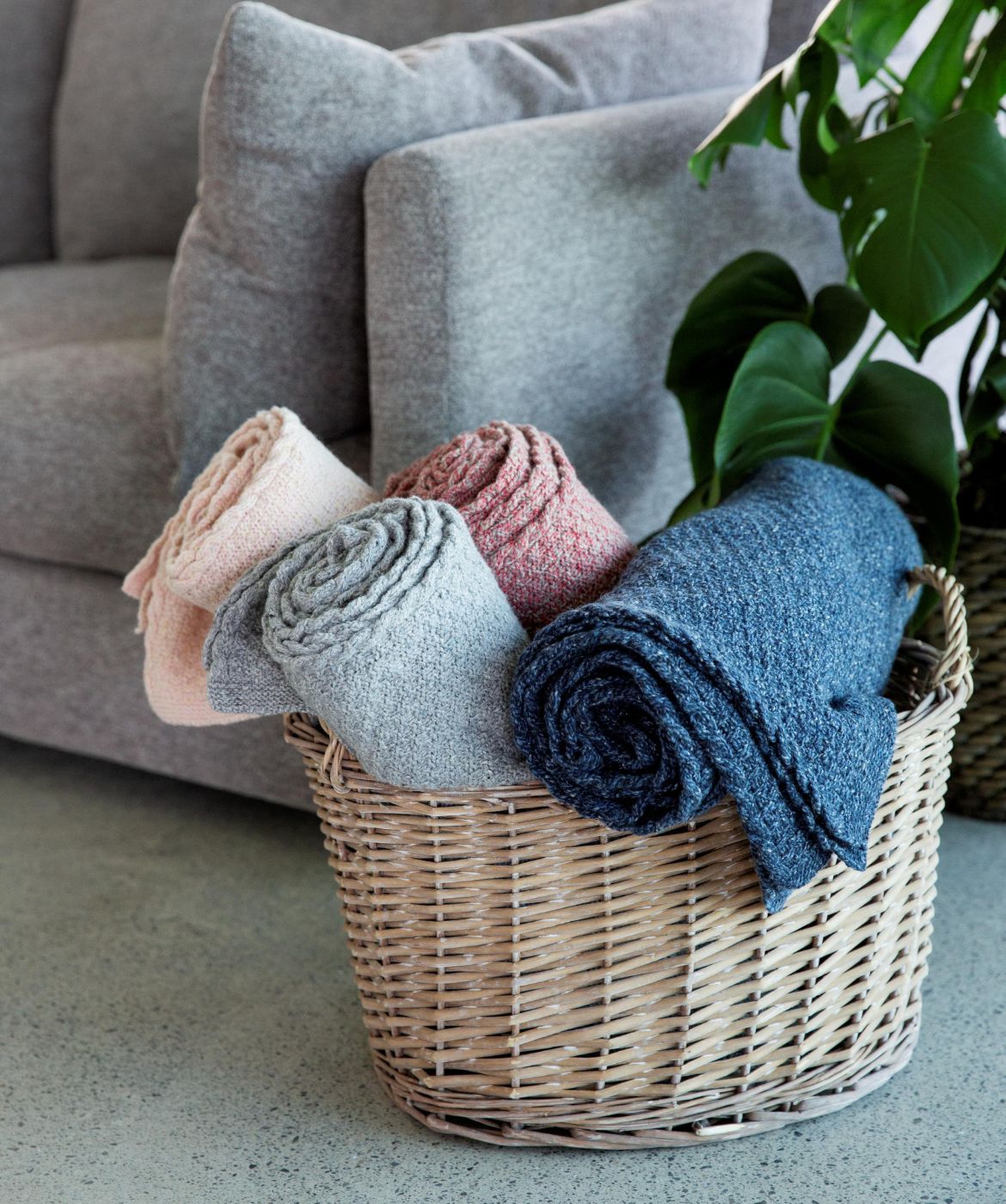 IrelandsEye Knitwear Moss_Textured_Throw_in_Rose_Marl_Opal_Pink_Pearl_Grey_and_Dark_Denim_Donegal_Luxe_Melange