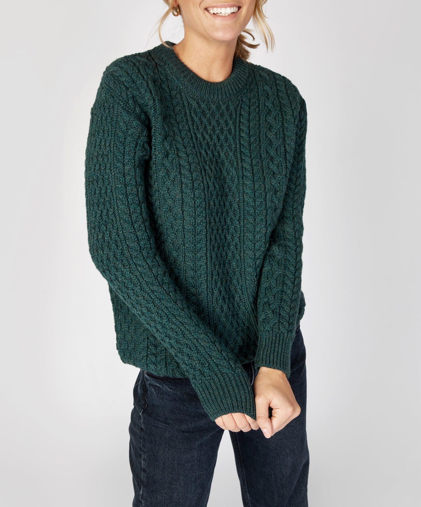 IrelandsEye Knitwear Cuileann Womens Aran Crew Neck Sweater Evergreen