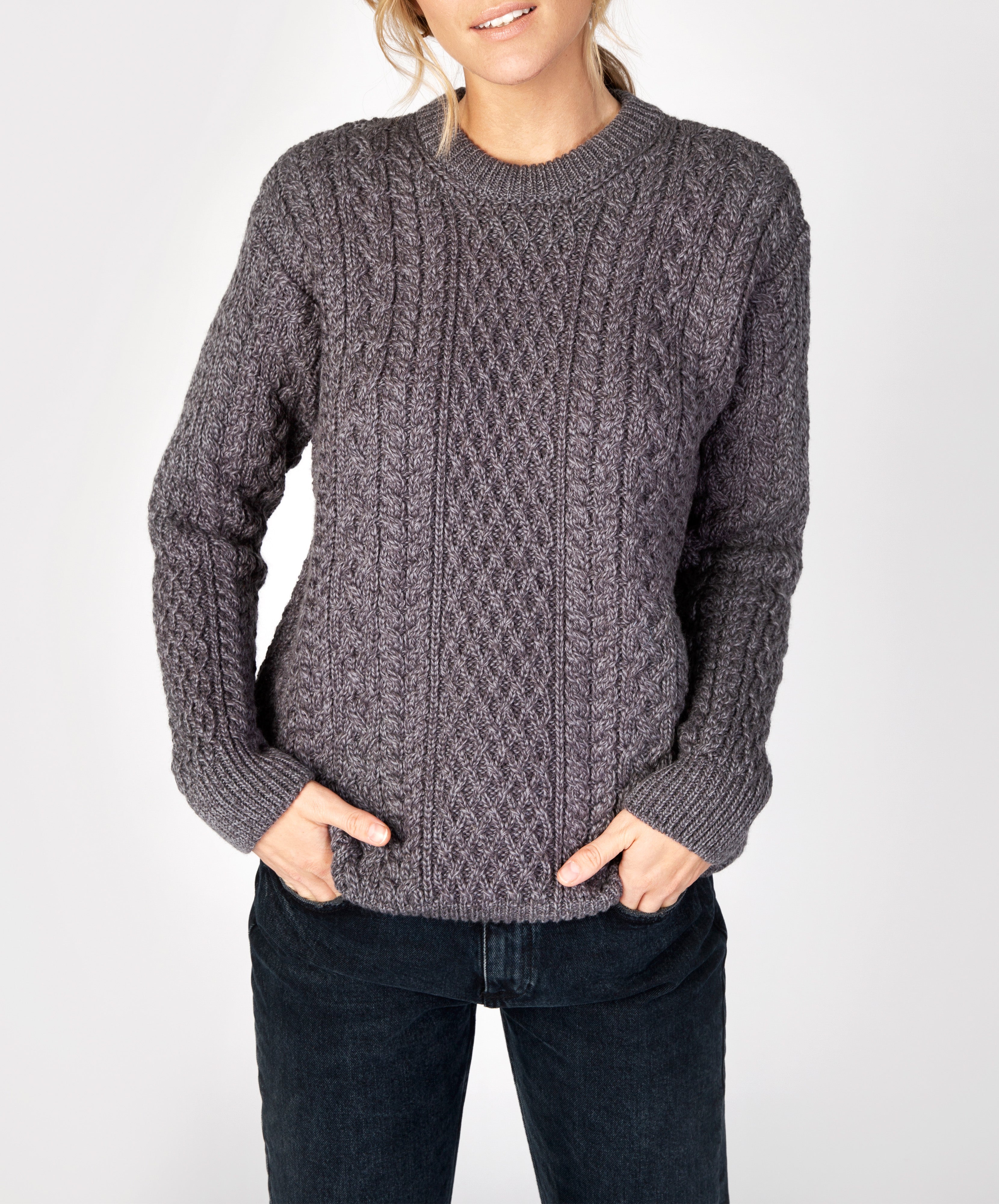 irelands eye Cuileann Womens Aran Crew Neck Sweater Steel Marl