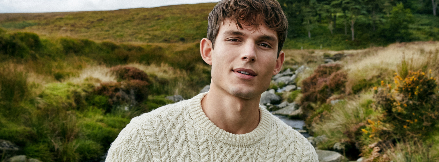 IrelandsEye Knitwear ‘Cuileann’ Aran Crew Neck Sweater in Natural Merino