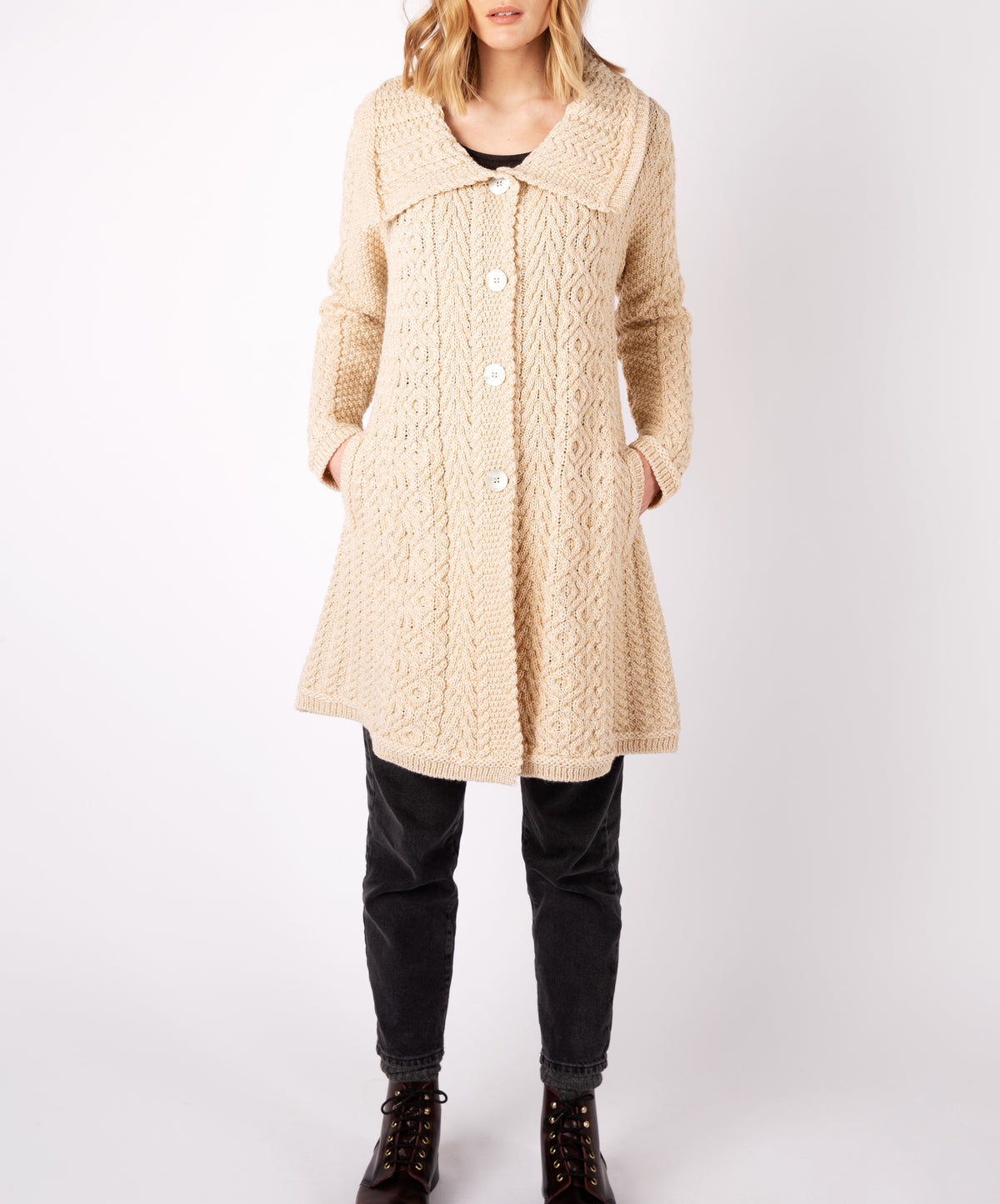 IrelandsEye Knitwear Women's Willow Aran A Line Buttoned Coat in Oatmeal Marl