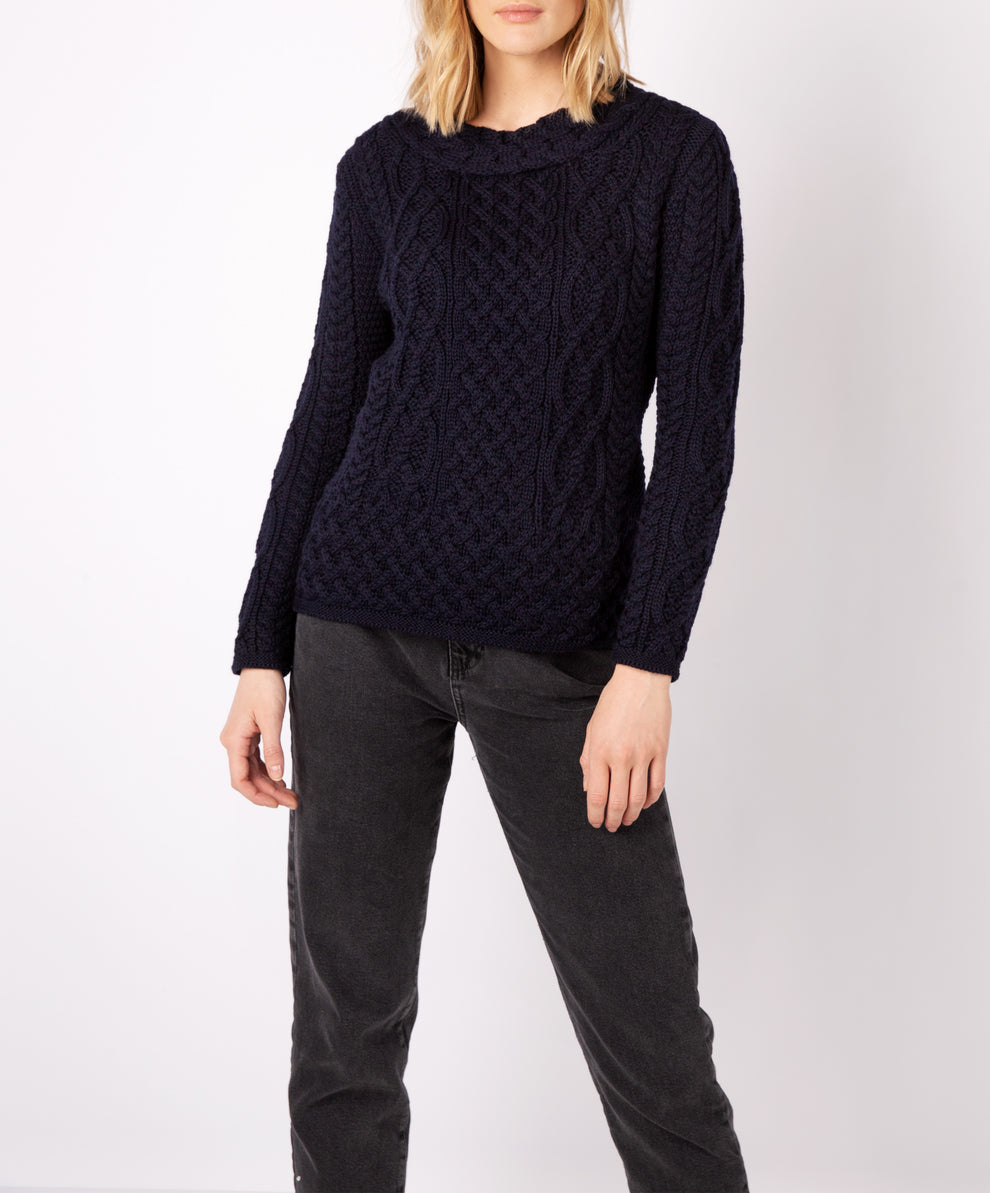 Womens Spindle Aran Round Cable Neck Sweater in Navy - IrelandsEye Knitwear