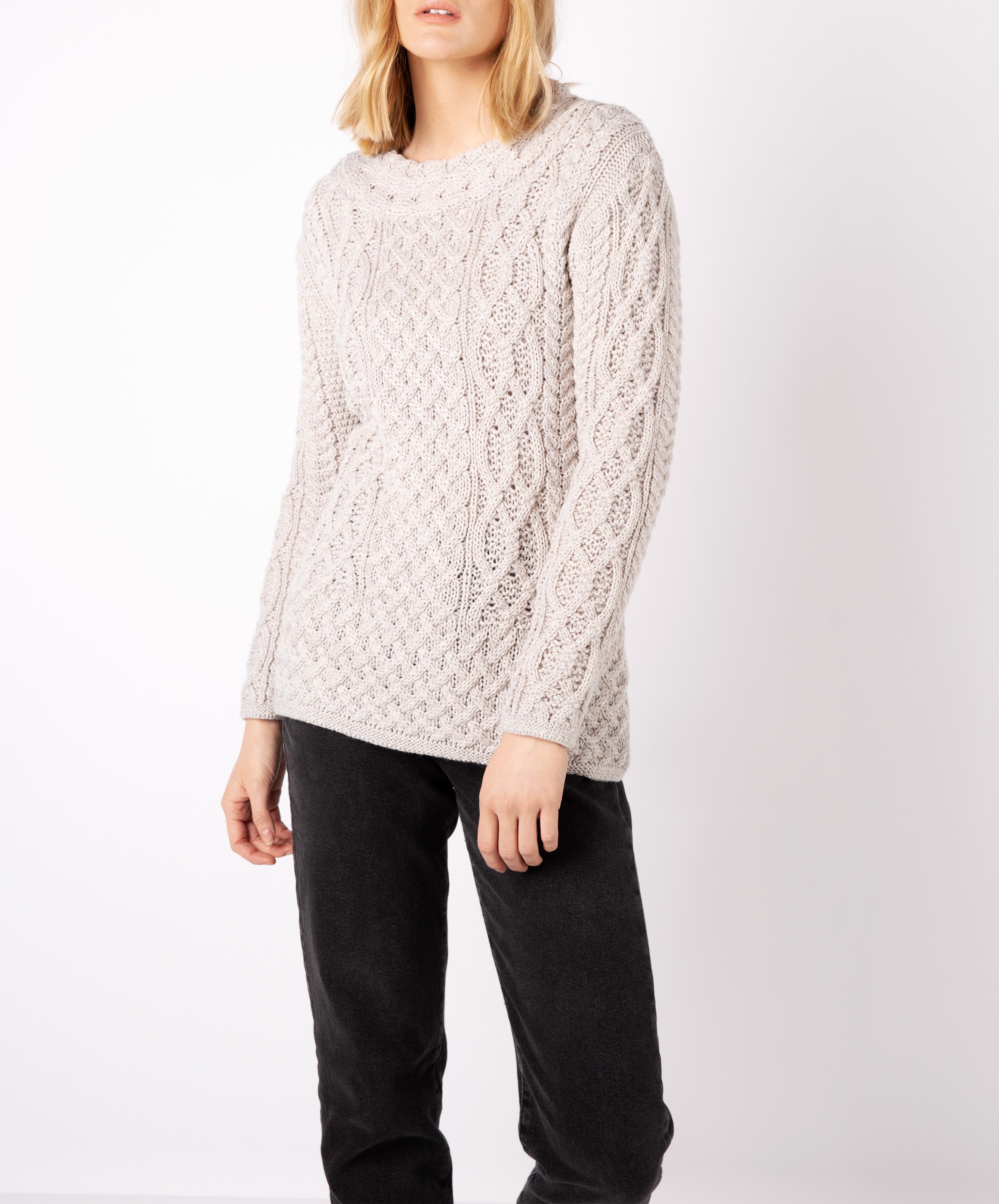 Womens Spindle Aran Round Cable Neck Sweater in Silver Marl ...