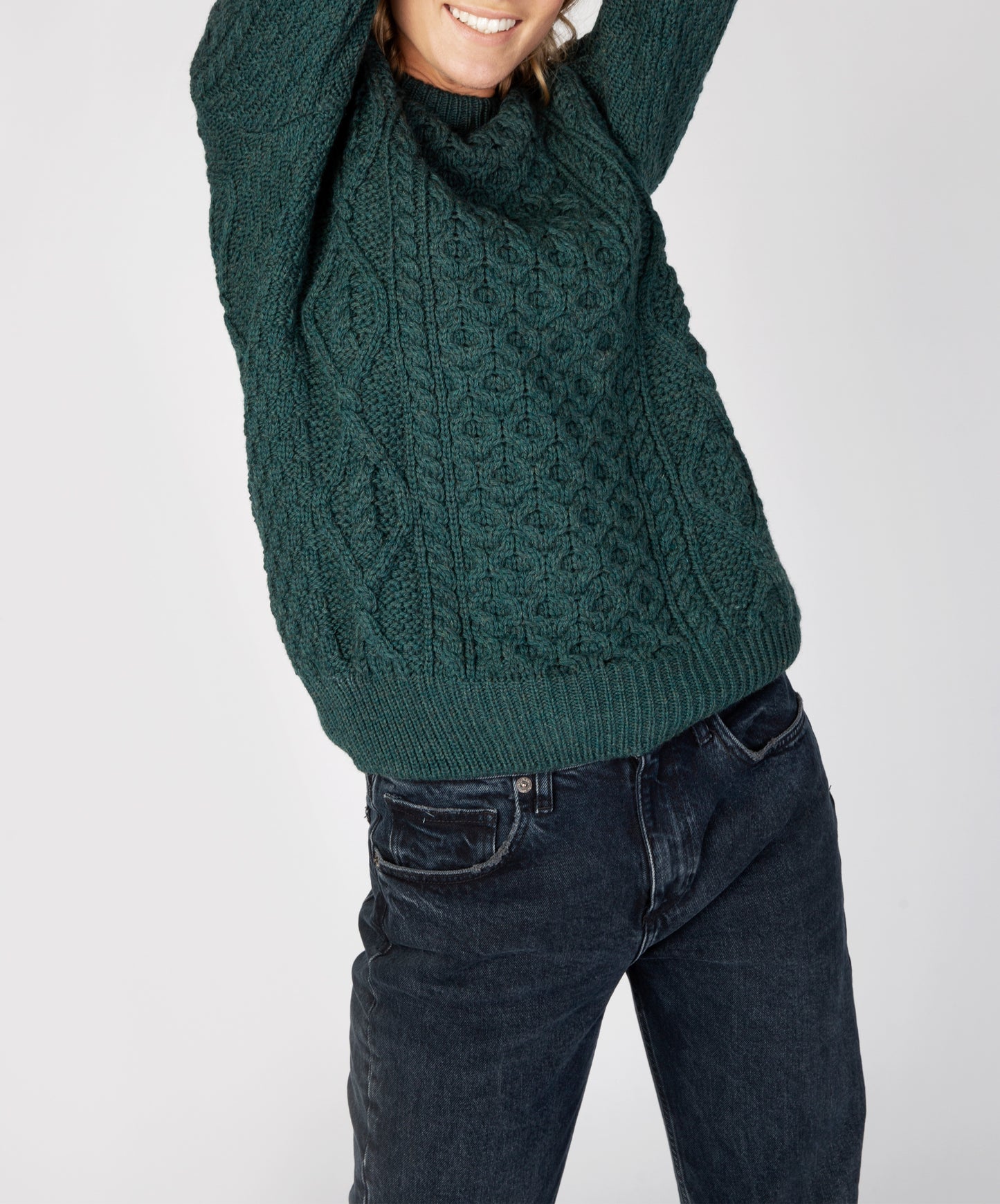 IrelandsEye Knitwear Fearnóg Womens Aran Crew Neck Sweater Evergreen