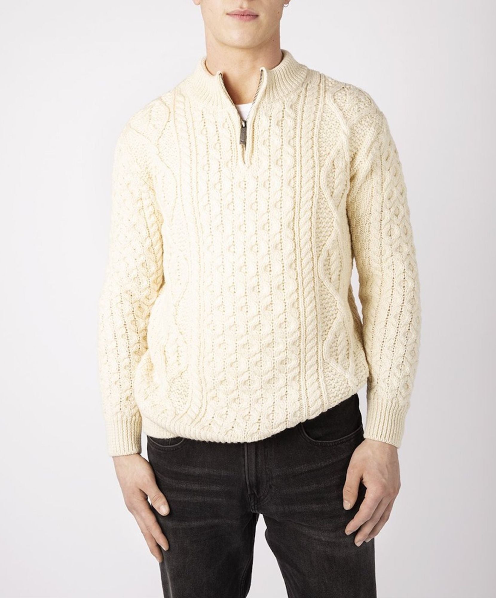 IrelandsEye Knitwear Dris Aran Zip Neck Sweater in Natural