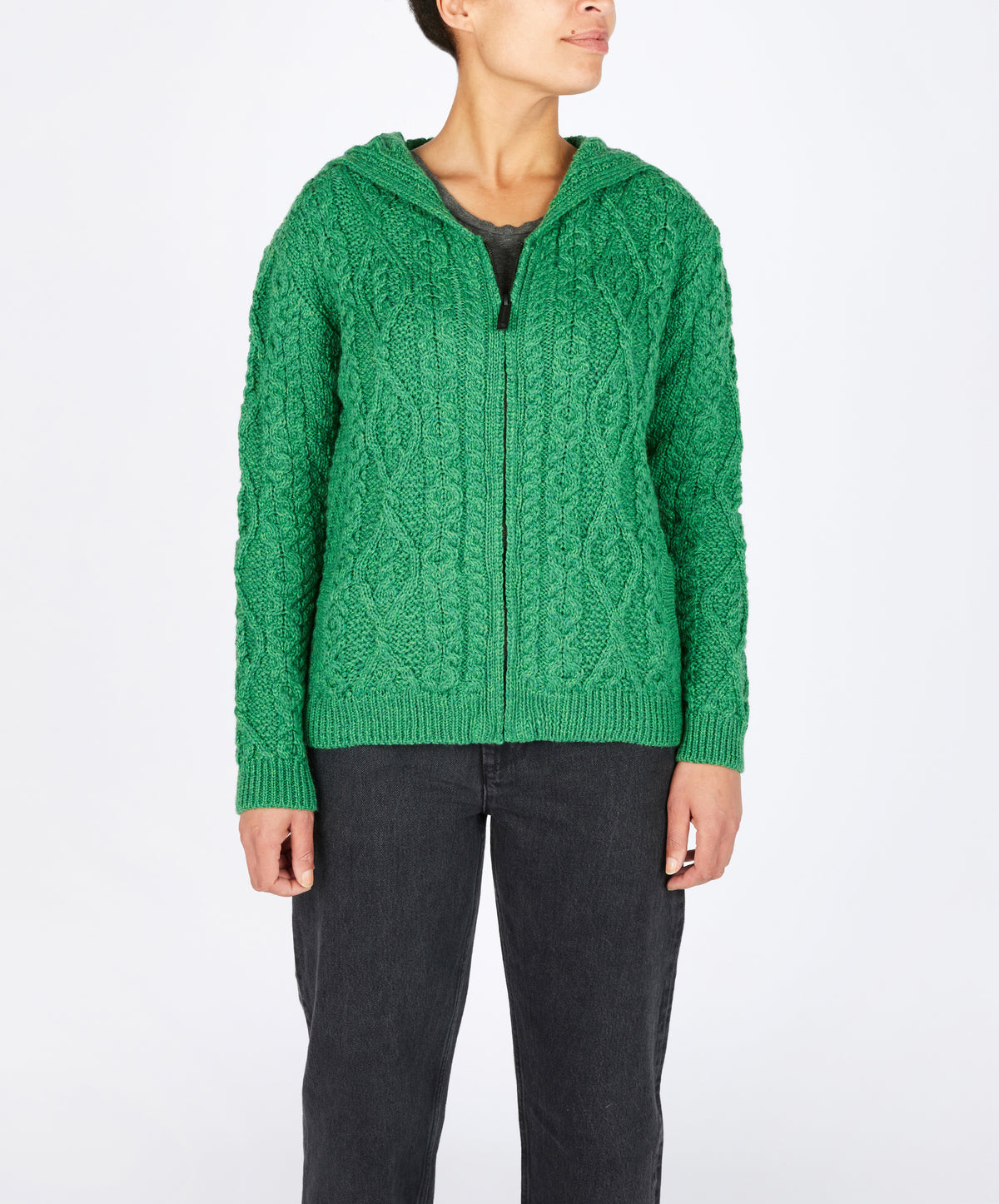 IrelandsEye Knitwear Ash Aran Zipped Hooded Jacket Green Marl