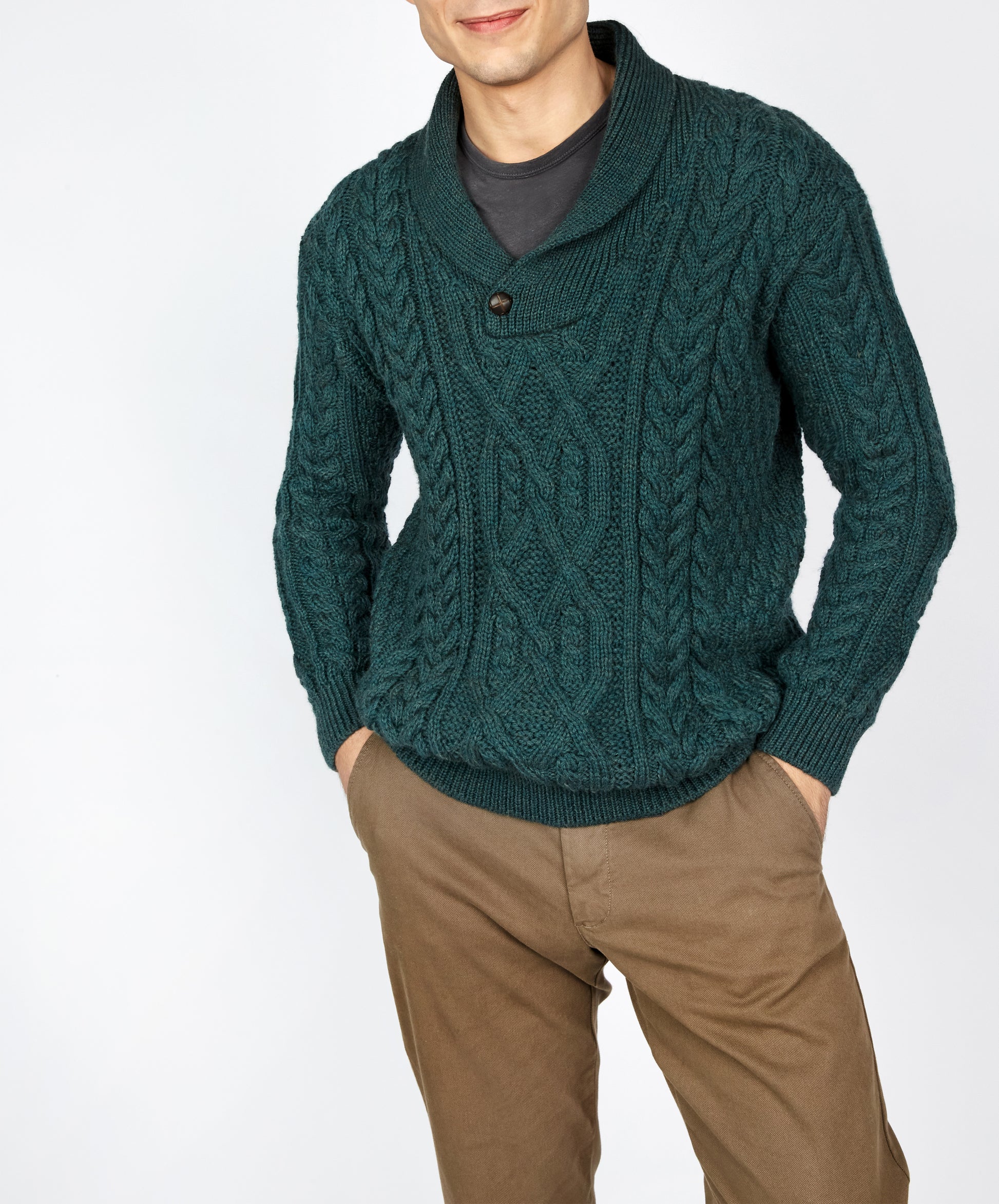 IrelandsEye Knitwear Dair Aran Shawl Collar Sweater in Evergreen Merino