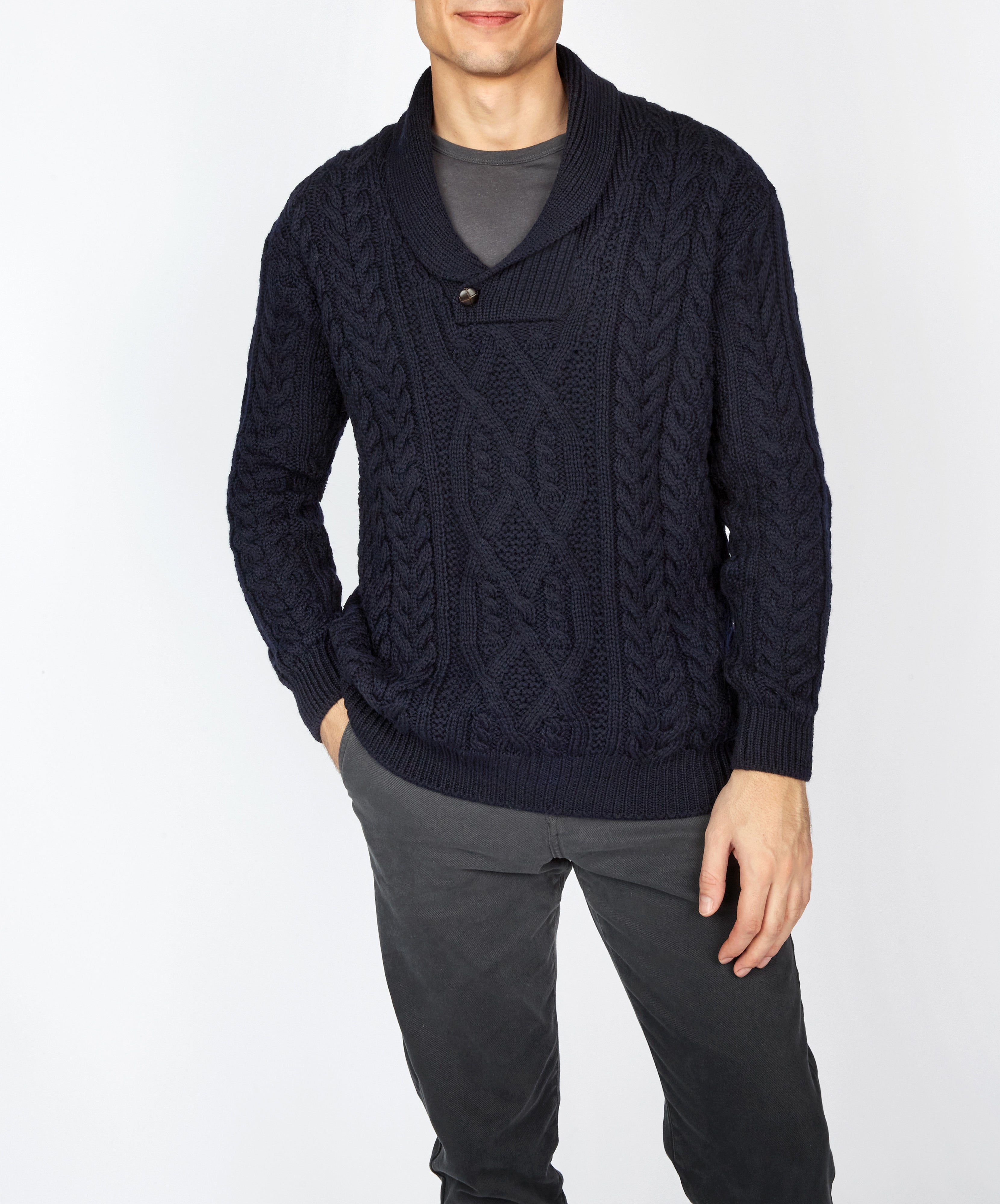 irelands eye Dair Aran Shawl Collar Sweater Navy Hot Sale Clothing