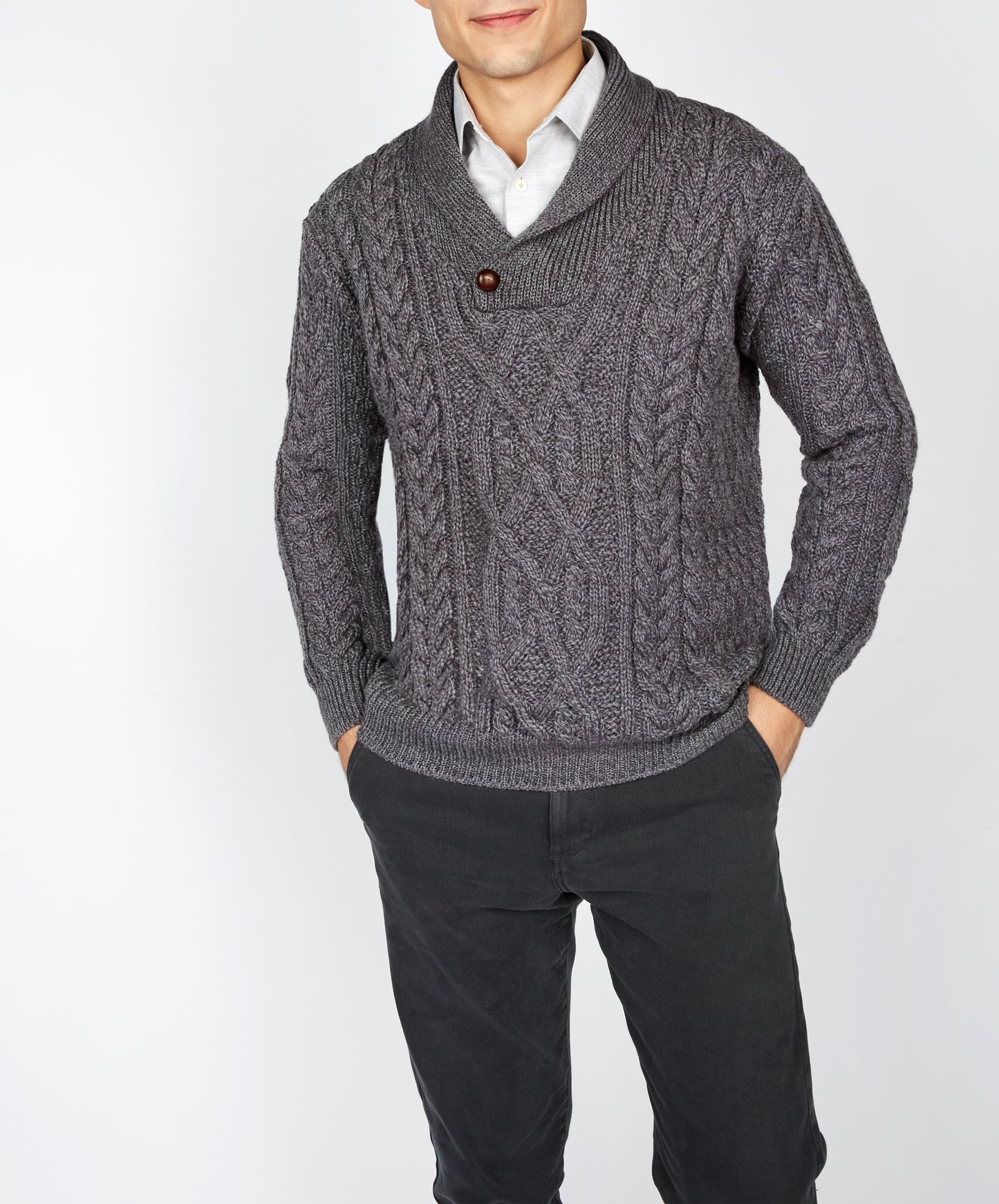 IrelandsEye Knitwear Dair Aran Shawl Collar Sweater in Steel Marl Merino
