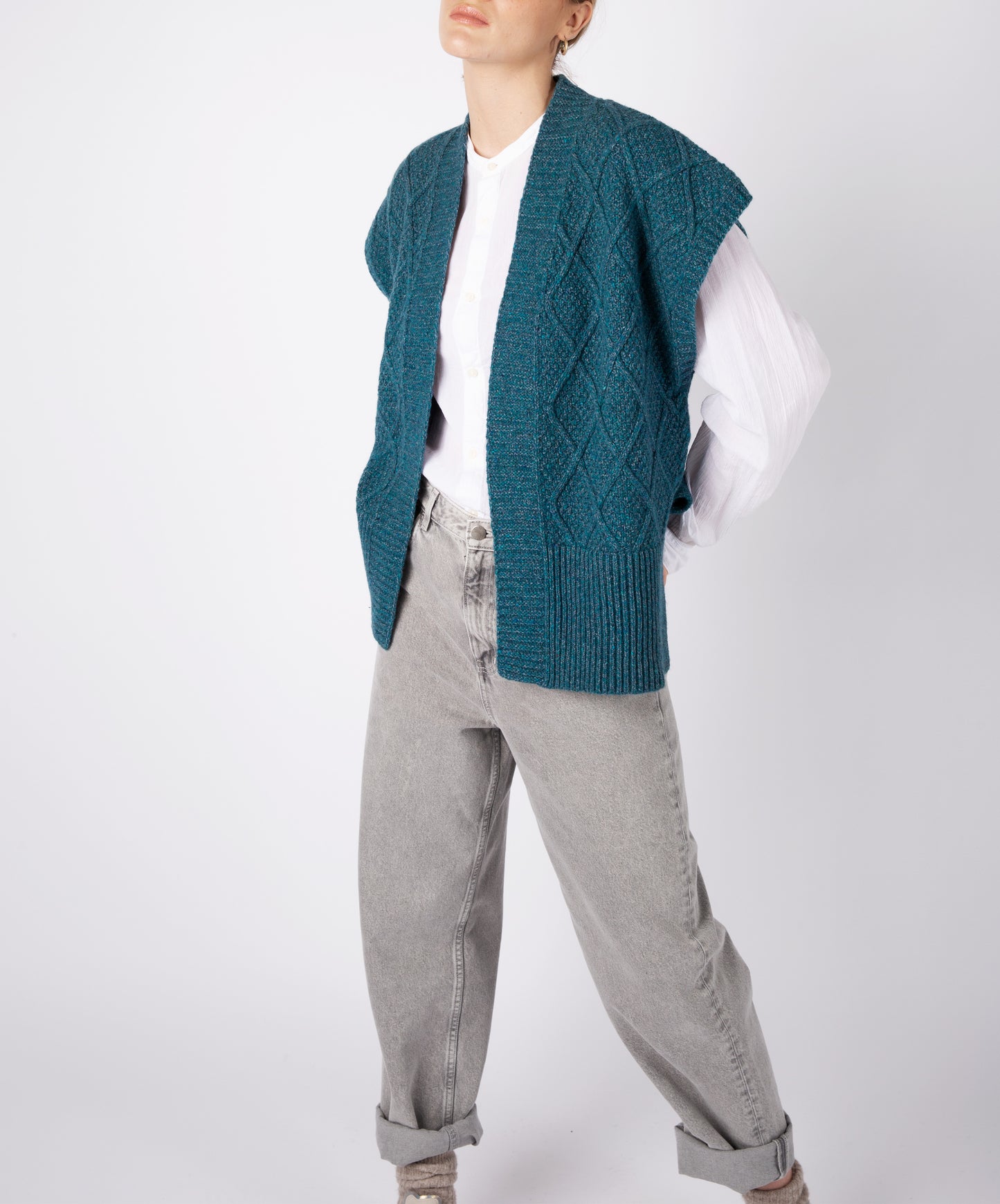 IrelandsEye Knitwear Women's Knitted 'Nettle' Diamond Pattern Vest Aquamarine