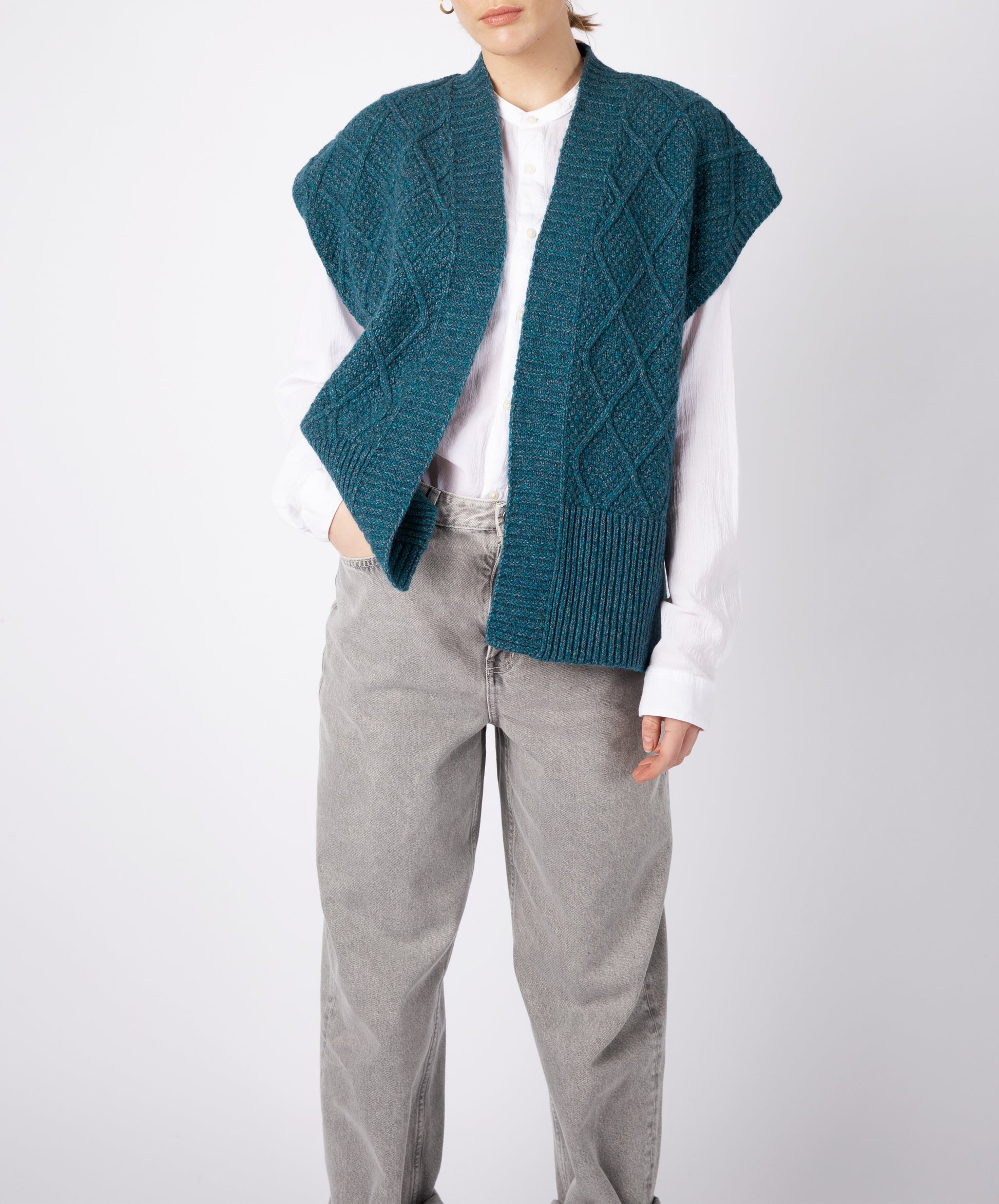 IrelandsEye Knitwear Women's Knitted 'Nettle' Diamond Pattern Vest Aquamarine