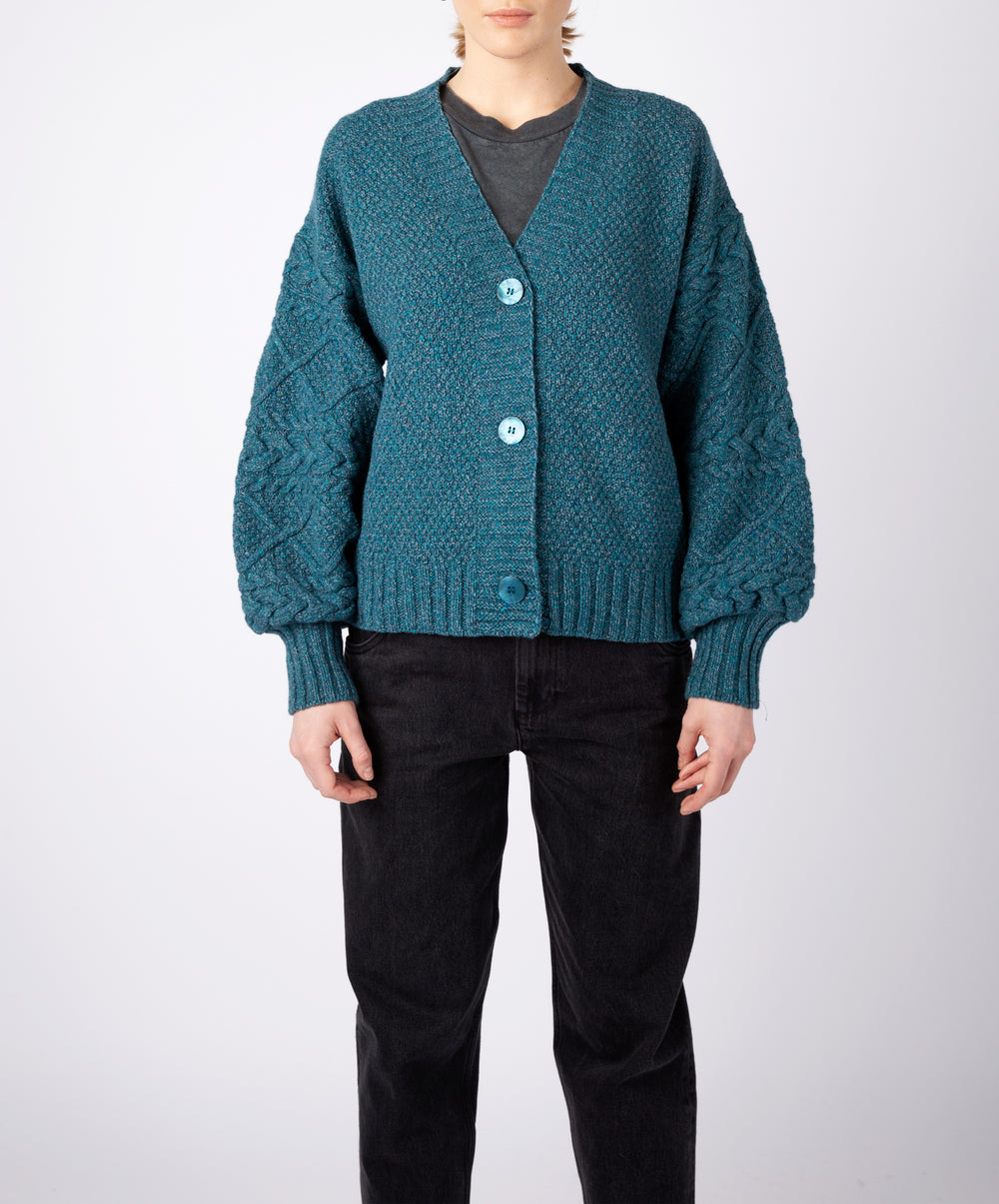 Womens Knitted 'Thistle' Cardigan in Aquamarine IrelandsEye Knitwear