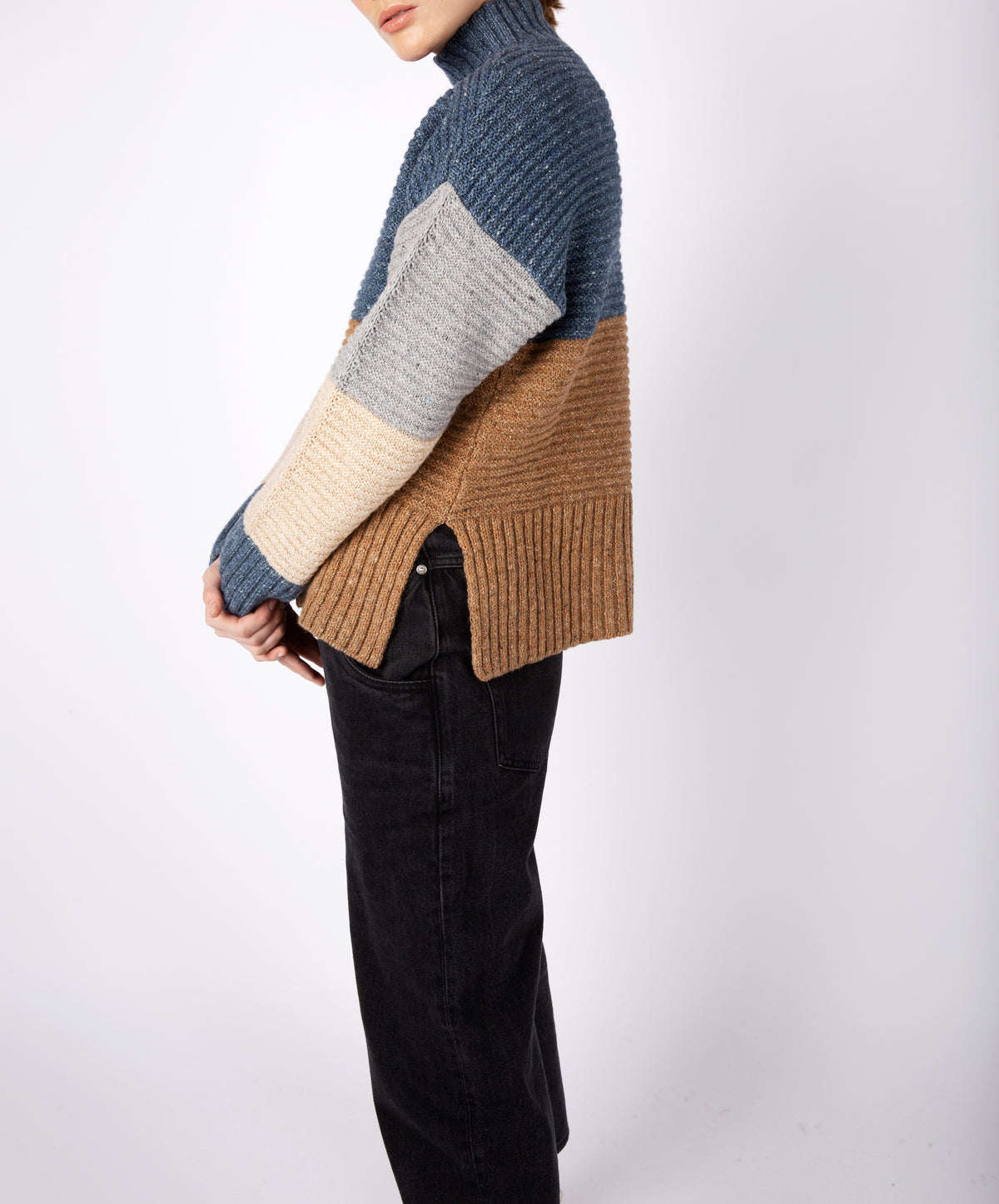 IrelandsEye Knitwear Women's Knitted 'Iris' Contrast Panel Funnel Neck Sweater Seaspray Biscuit