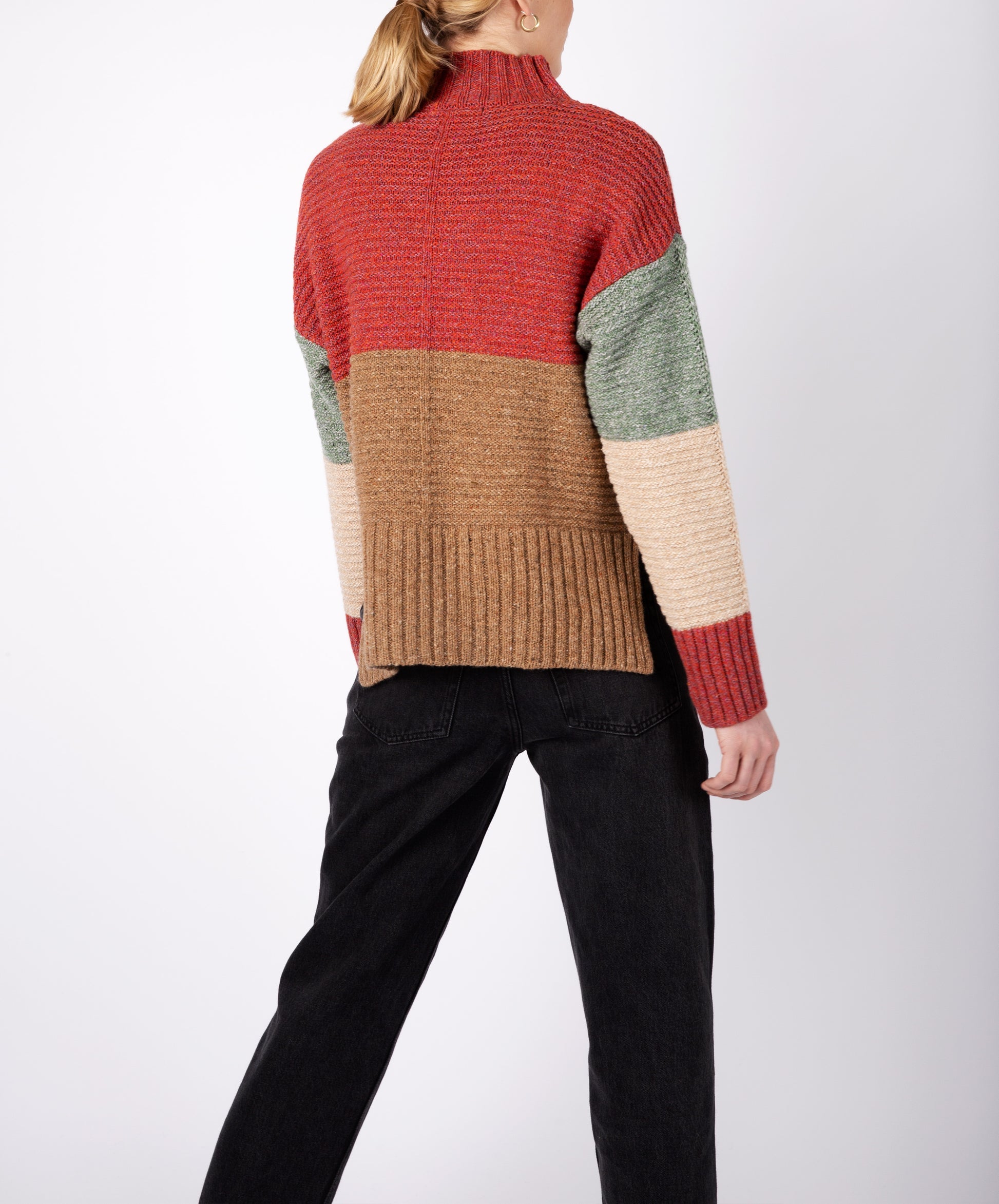 IrelandsEye Knitwear Iris Contrast Panel Funnel Neck Sweater in Sunset-Biscuit