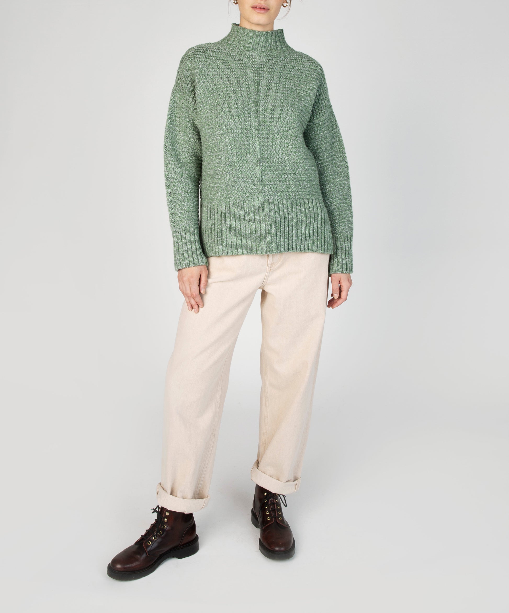 IrelandsEye Knitwear ‘Iris’ Contrast Panel Funnel Neck Sweater Apple