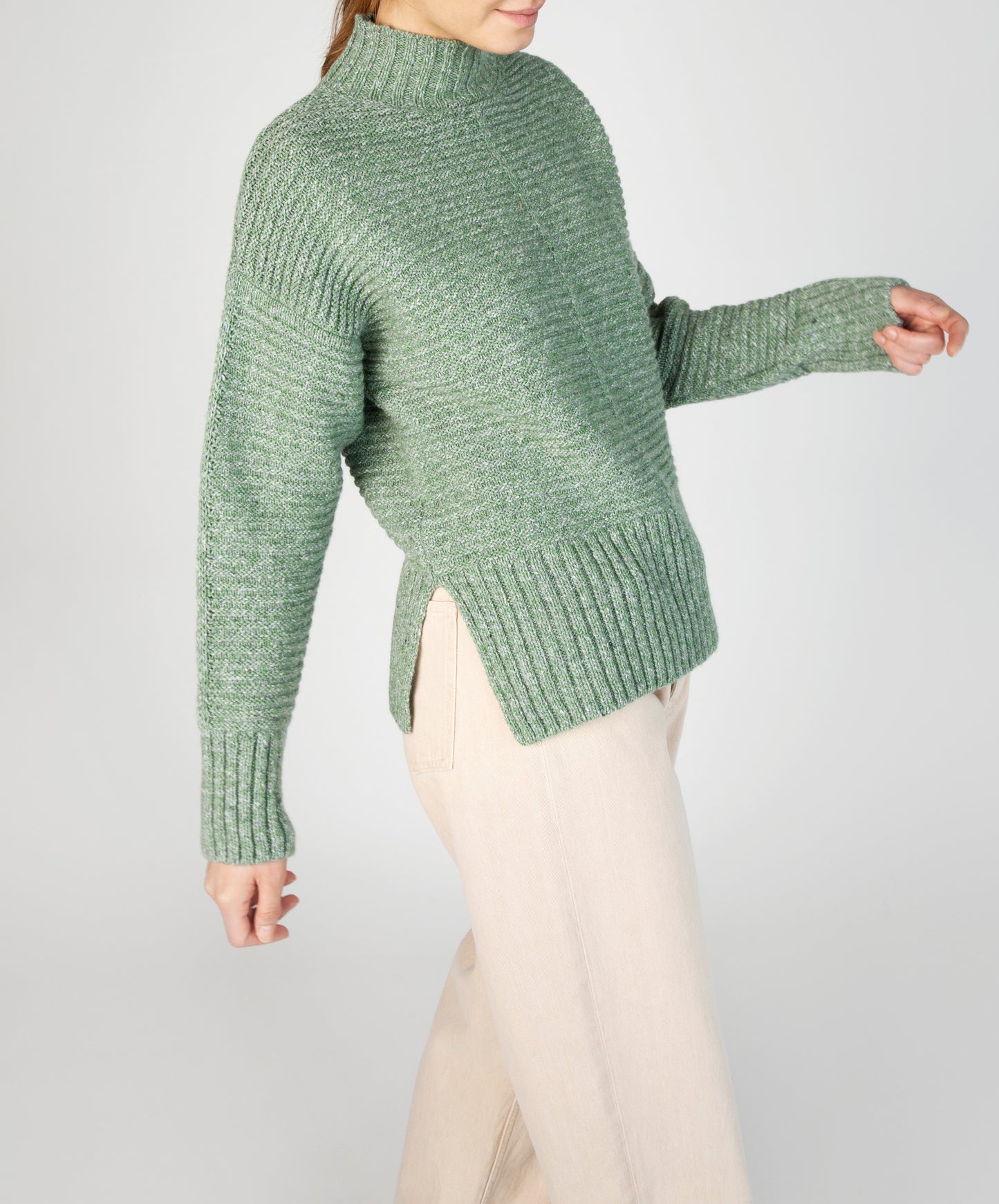 IrelandsEye Knitwear ‘Iris’ Contrast Panel Funnel Neck Sweater Apple