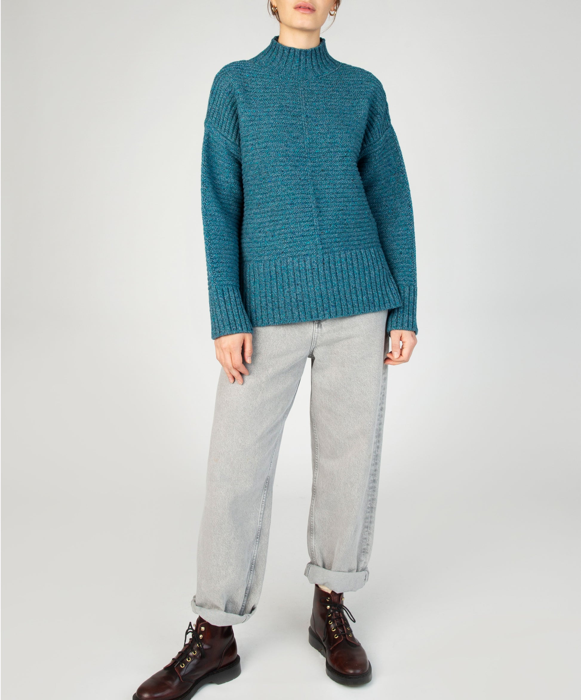 IrelandsEye Knitwear ‘Iris’ Contrast Panel Funnel Neck Sweater Aquamarine