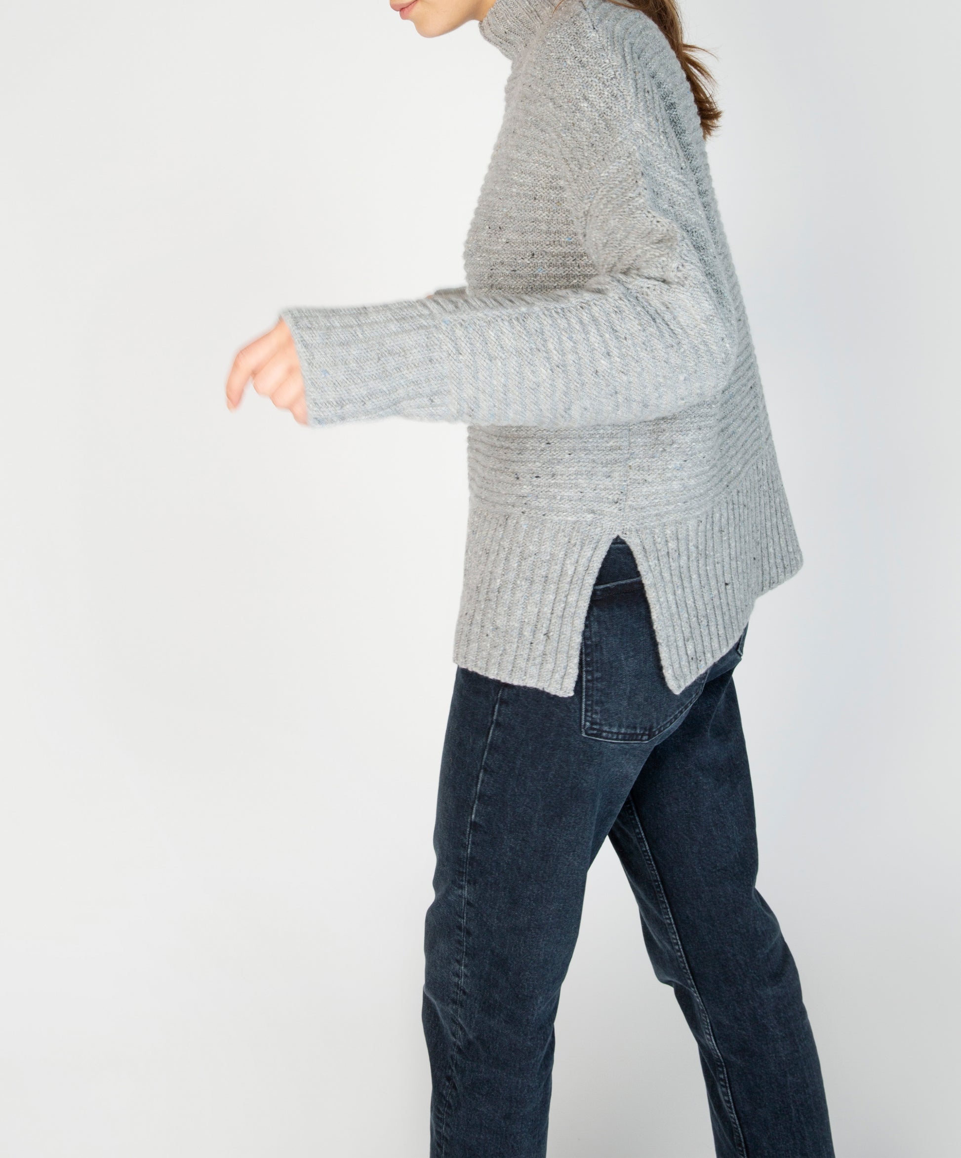 IrelandsEye Knitwear ‘Iris’ Contrast Panel Funnel Neck Sweater Pearl Grey