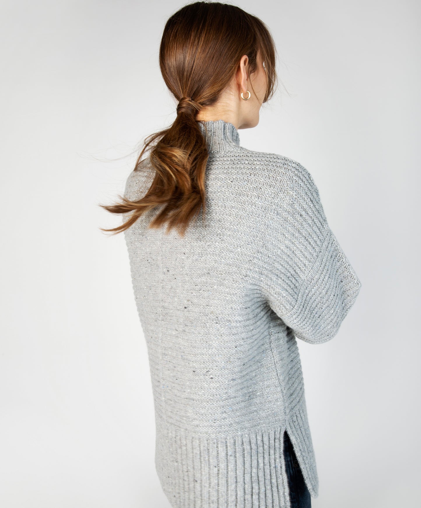 IrelandsEye Knitwear ‘Iris’ Contrast Panel Funnel Neck Sweater Pearl Grey